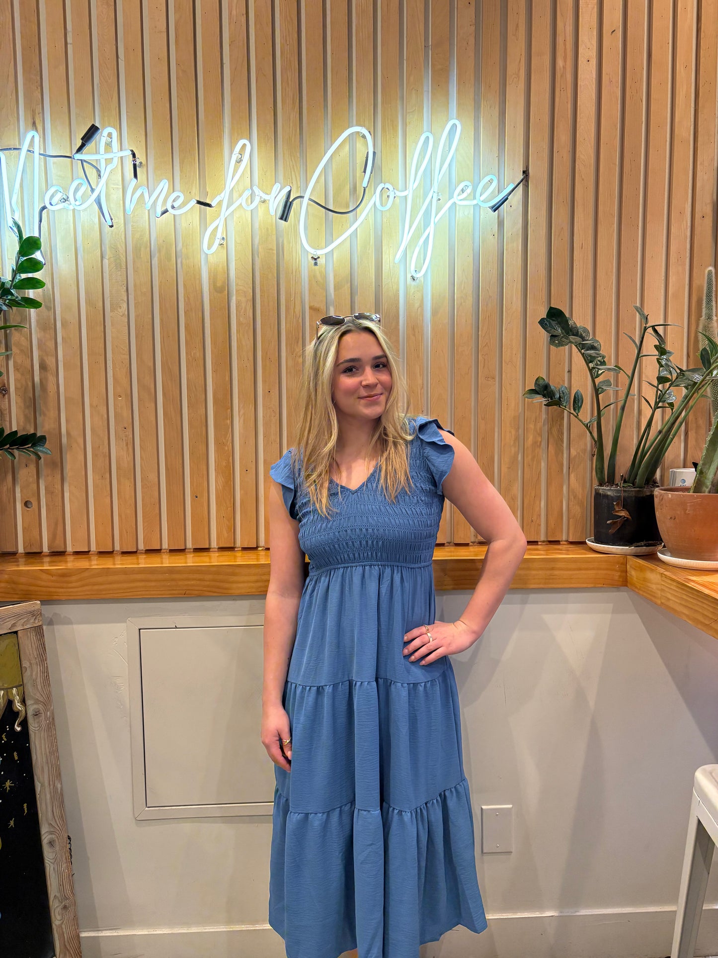 Flutter Sleeve V-Neck Smocked Midi Dress in Dusty Blue - Boho Tiered Skirt