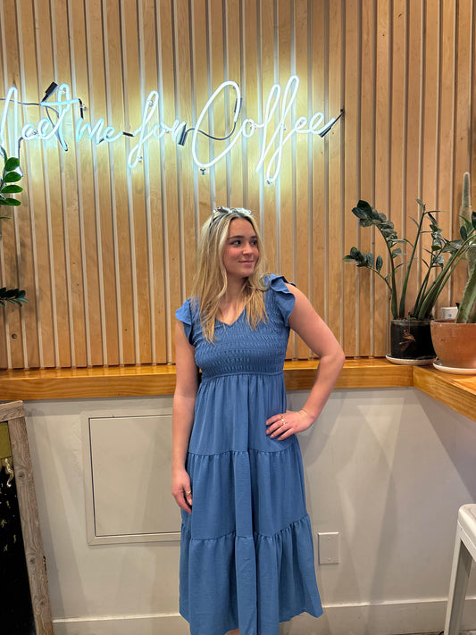 Flutter Sleeve V-Neck Smocked Midi Dress in Dusty Blue - Boho Tiered Skirt