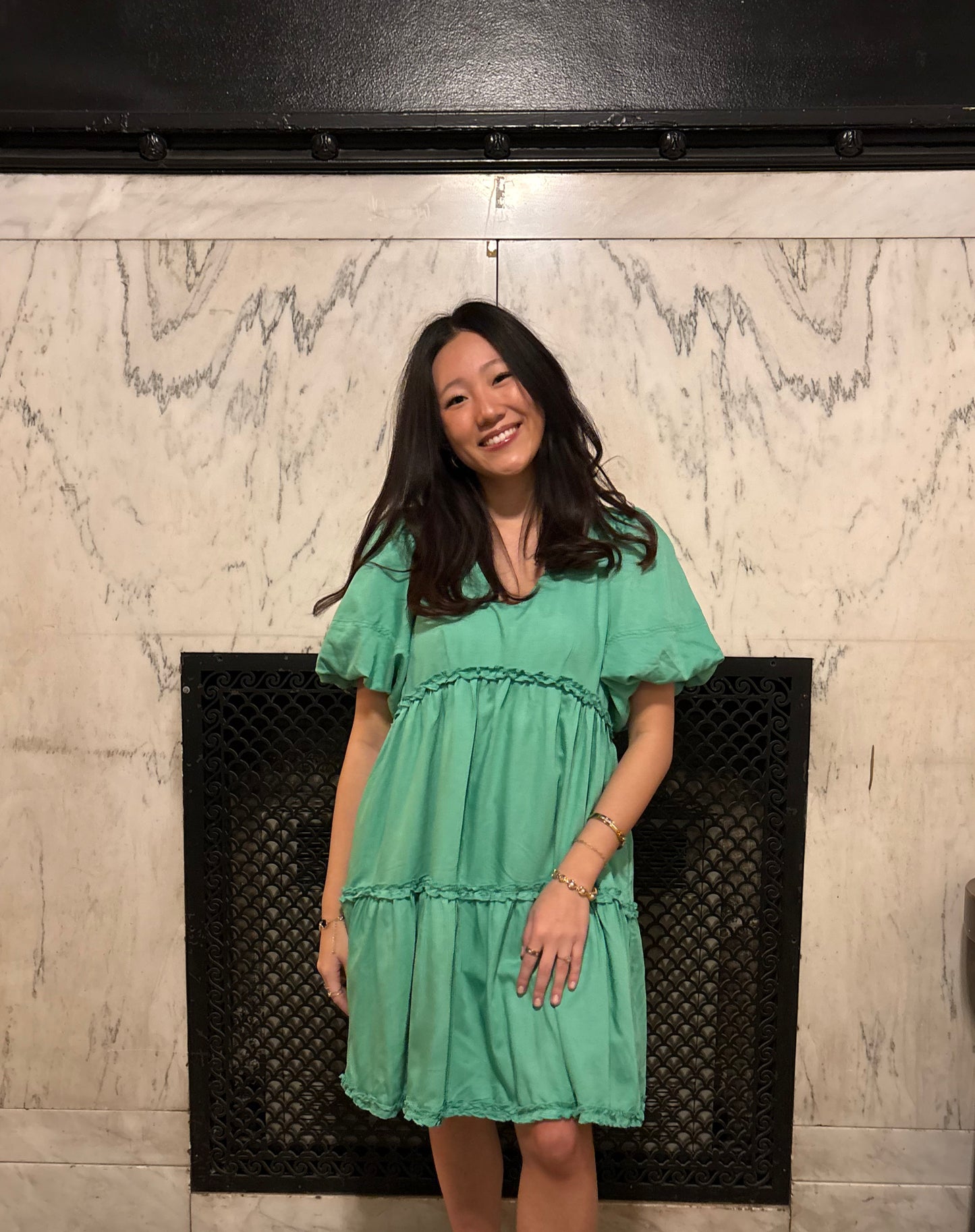 Green As Can Be Midi Dress - Elegant V Neck Cocktail Dress - Tiered Puff Sleeve Midi