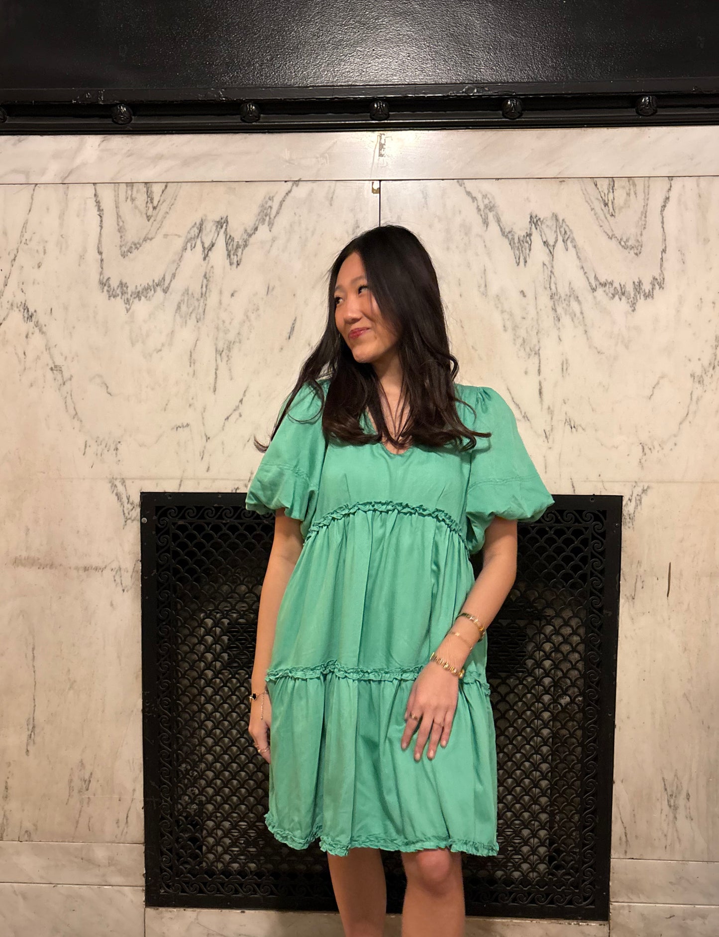 Green As Can Be Midi Dress - Elegant V Neck Cocktail Dress - Tiered Puff Sleeve Midi