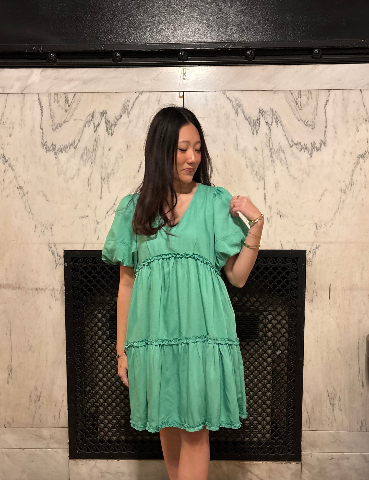 Green As Can Be Midi Dress - Elegant V Neck Cocktail Dress - Tiered Puff Sleeve Midi