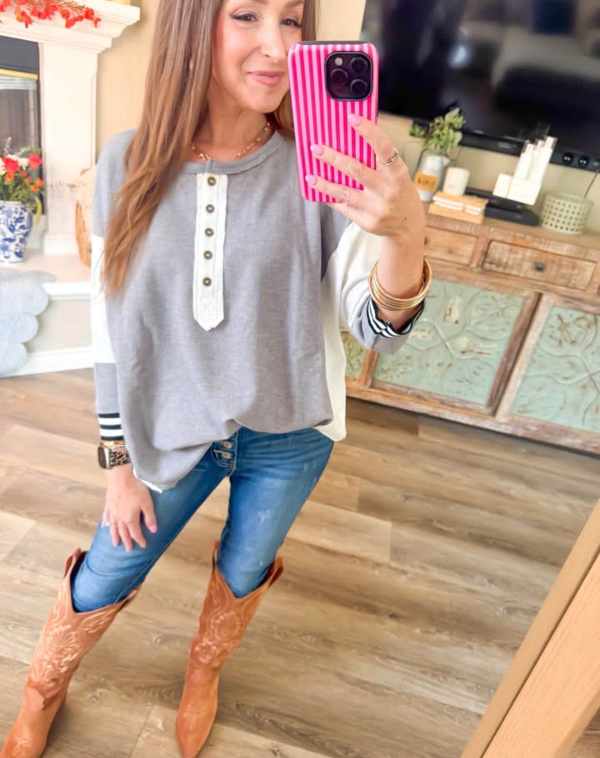 Casual Grey Cream Henley Knit Top | Queen Bee Boutique