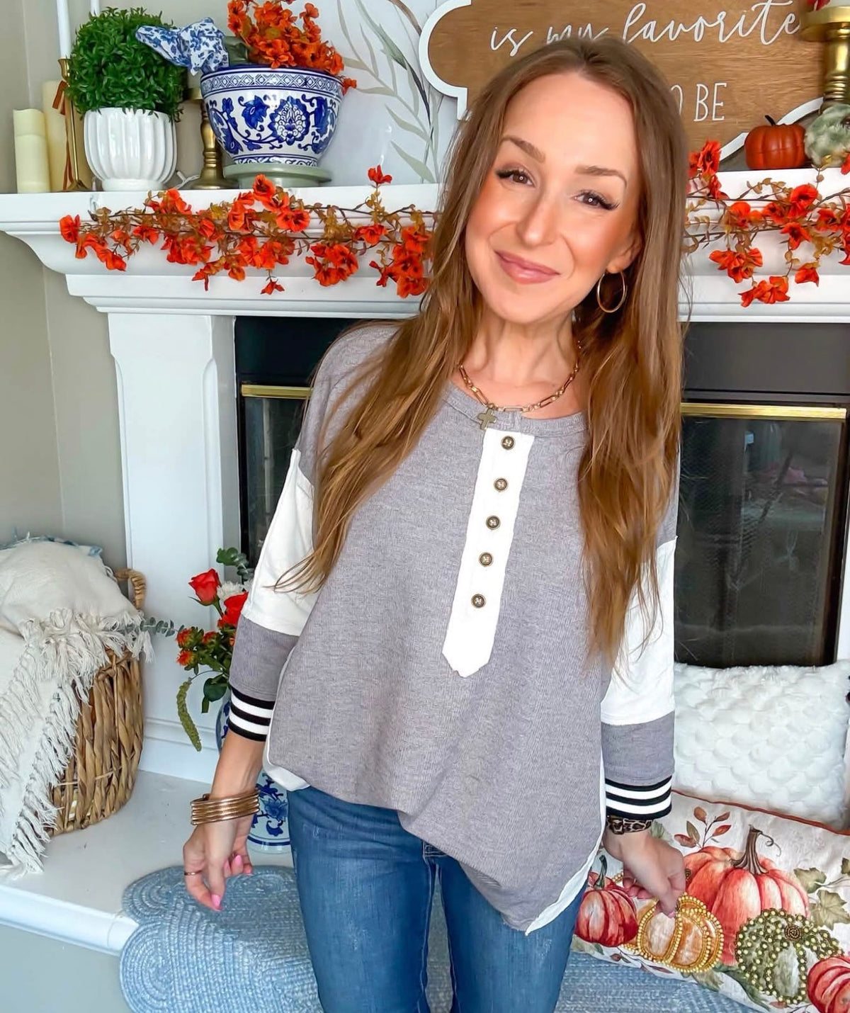 Casual Grey Cream Henley Knit Top | Queen Bee Boutique