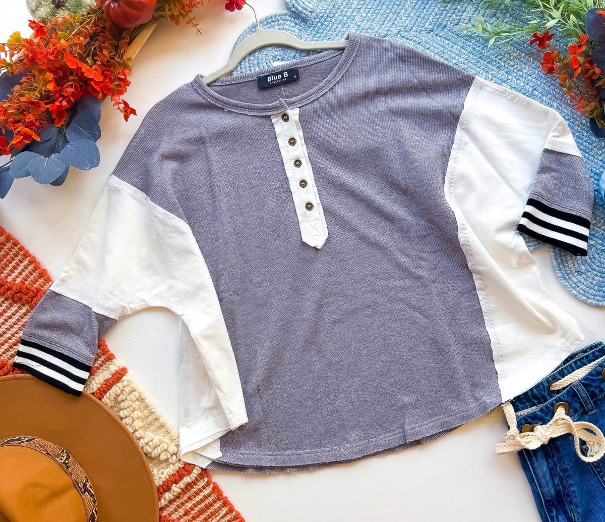 Casual Grey Cream Henley Knit Top | Queen Bee Boutique