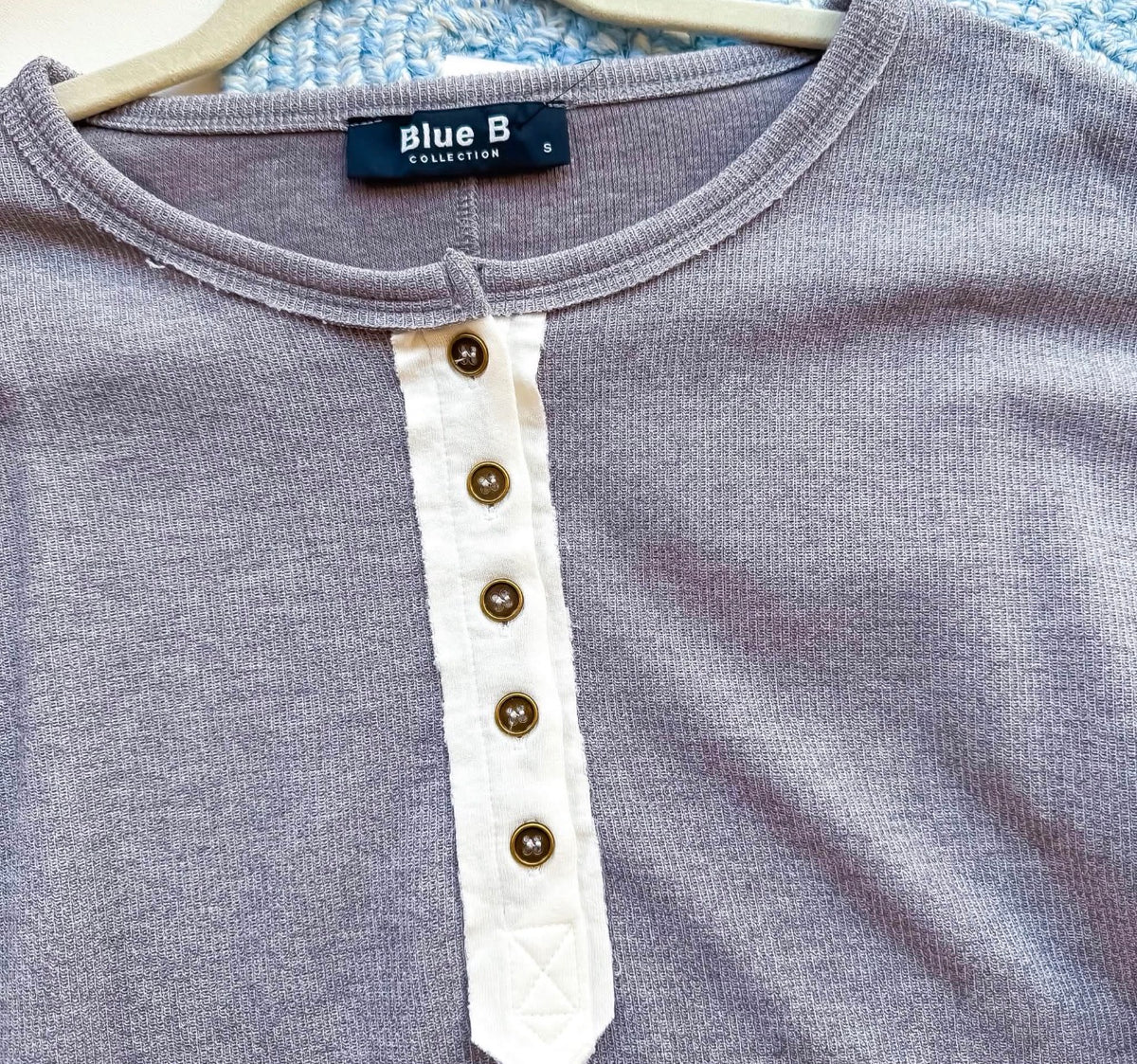Casual Grey Cream Henley Knit Top | Queen Bee Boutique
