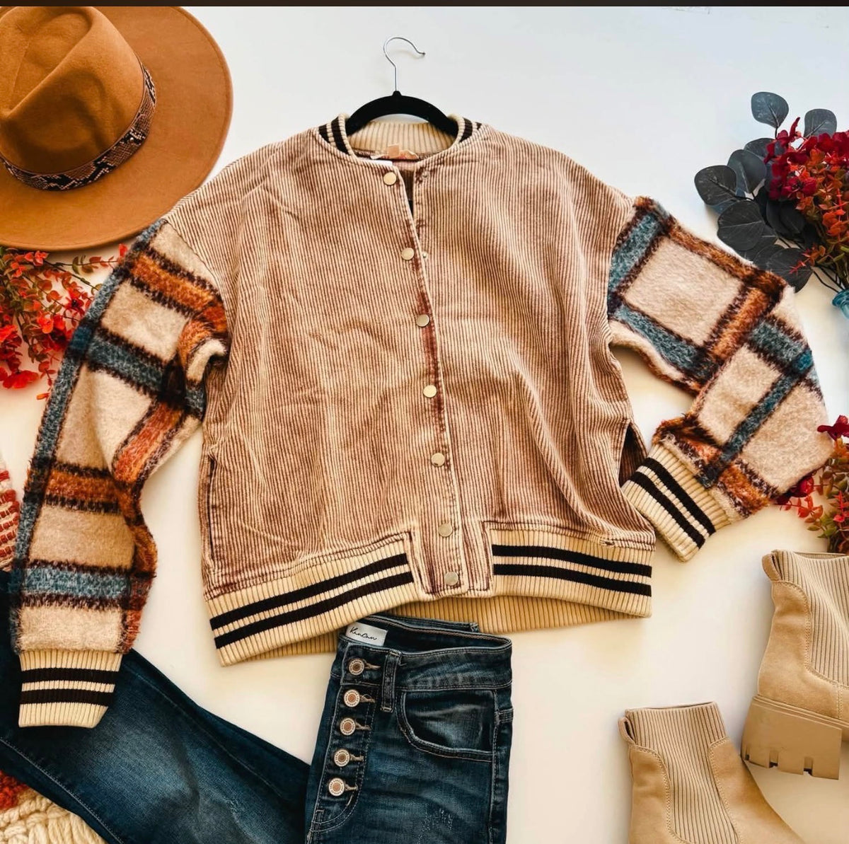 Retro Corduroy Plaid Snap Jacket | Queen Bee