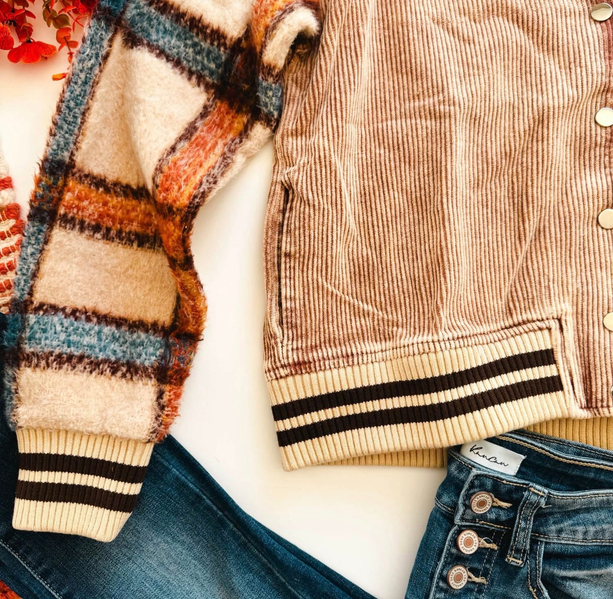 Retro Corduroy Plaid Snap Jacket | Queen Bee