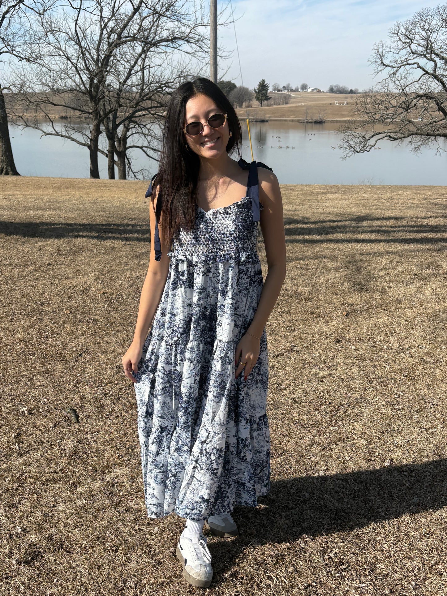 Blue White Pattered Midi Dress Tie Shoulders