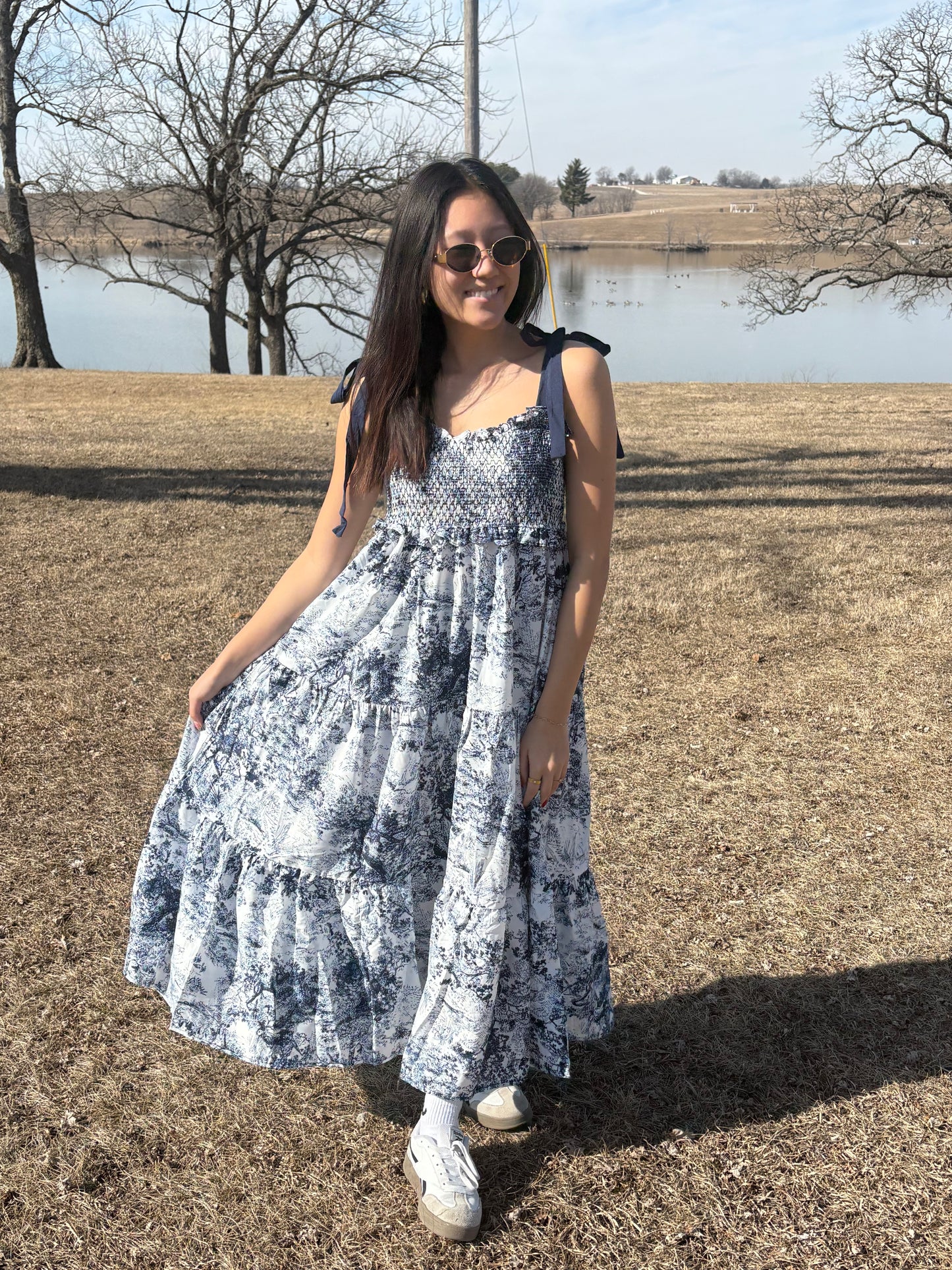 Blue White Pattered Midi Dress Tie Shoulders