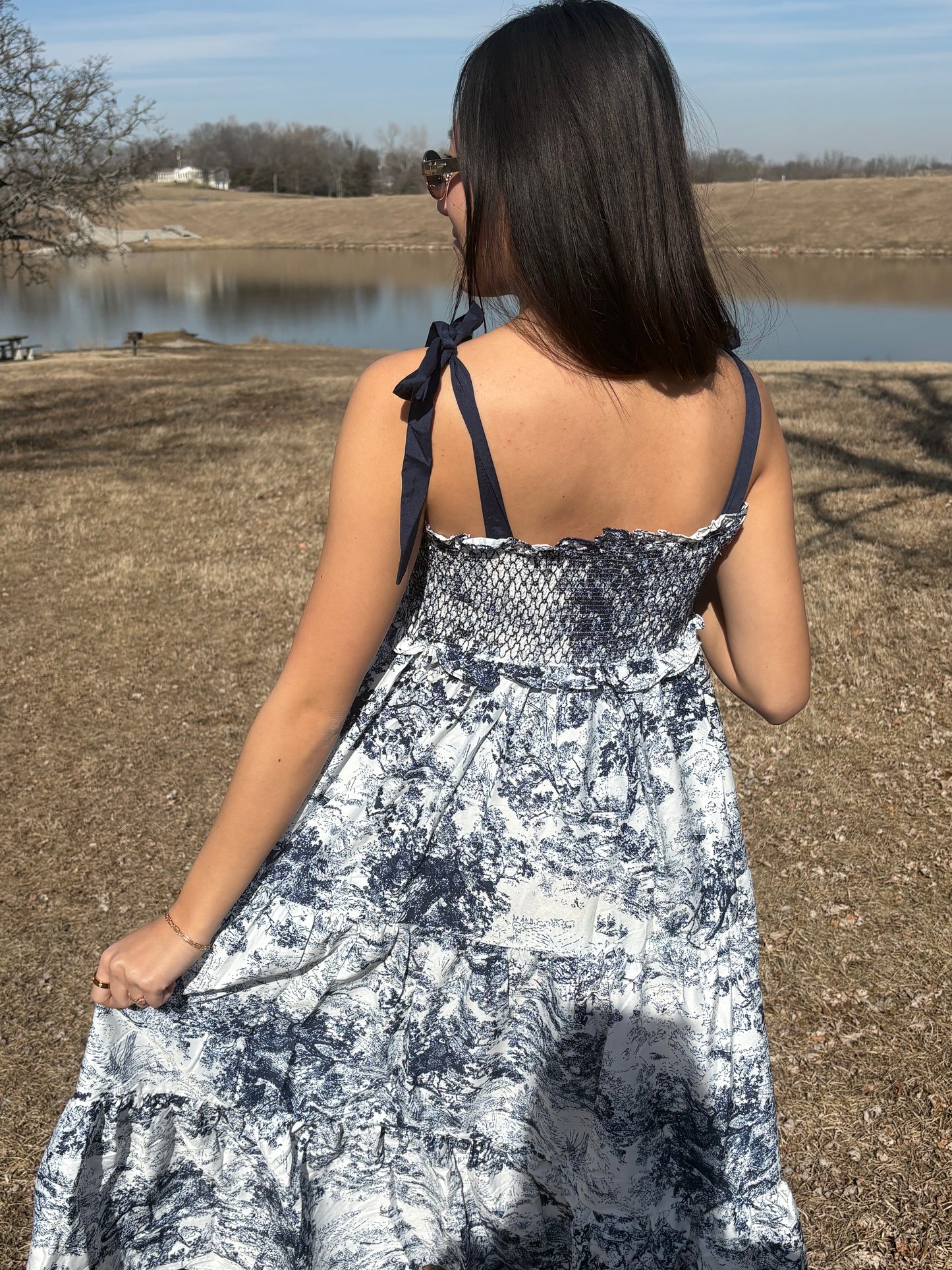 Blue White Pattered Midi Dress Tie Shoulders