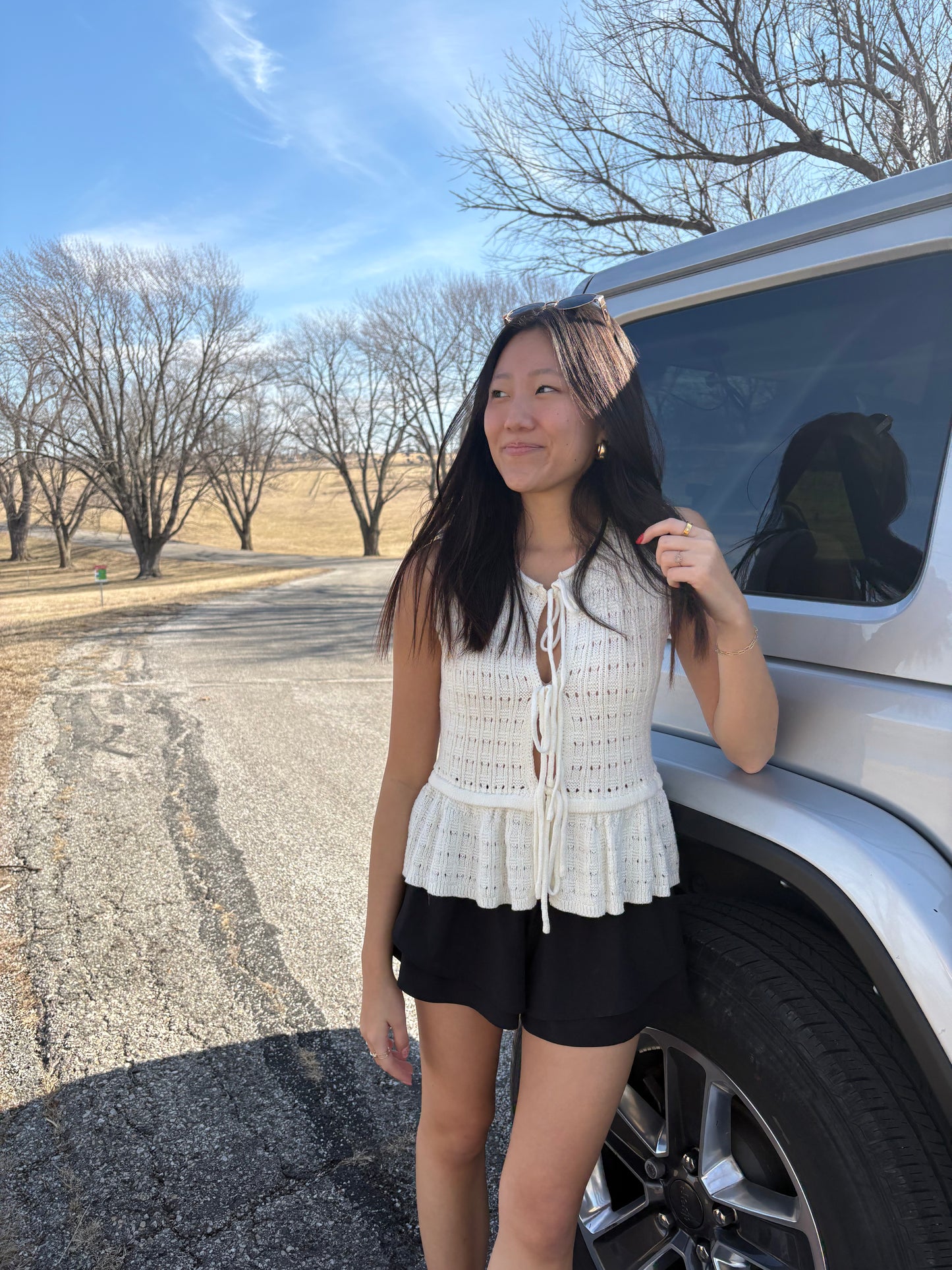 Front Tie Open Knit Crochet Sweater Vest White Boho | Queen Bee Boutique