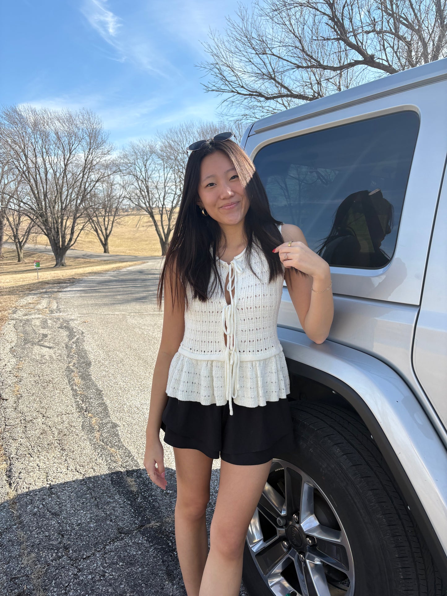 Front Tie Open Knit Crochet Sweater Vest White Boho | Queen Bee Boutique