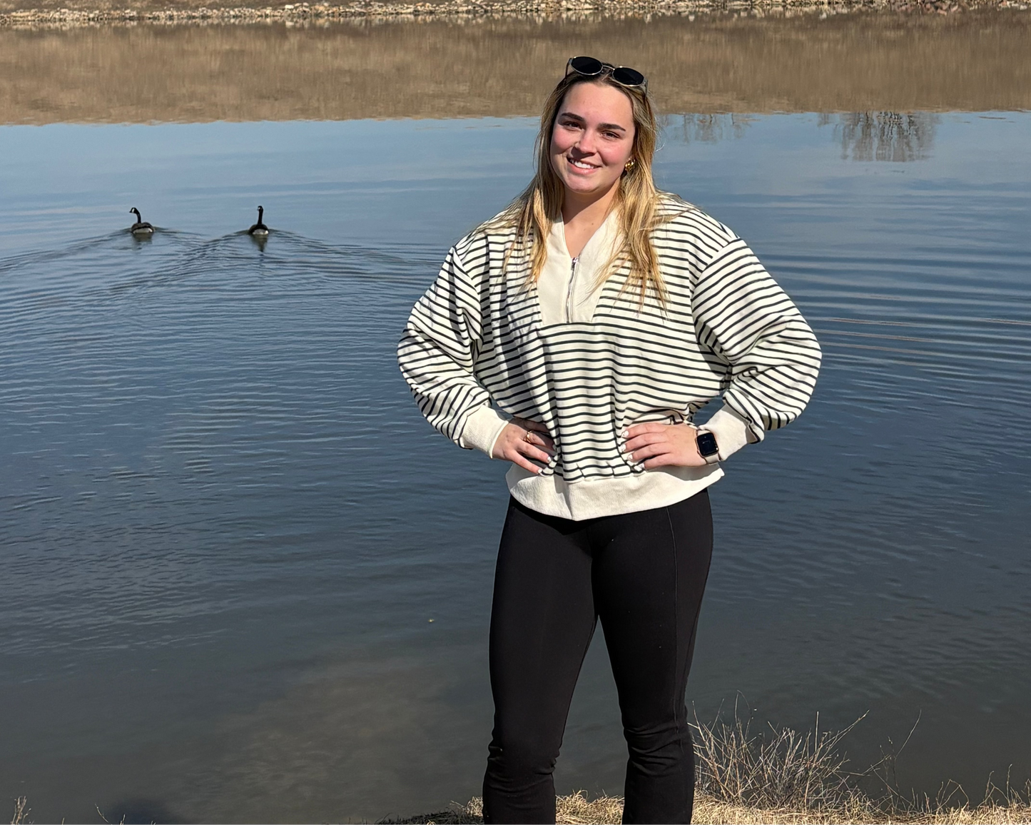 Ivory Green Spring V Stripe Top Half Zipper Pullover | Queen Bee Boutique