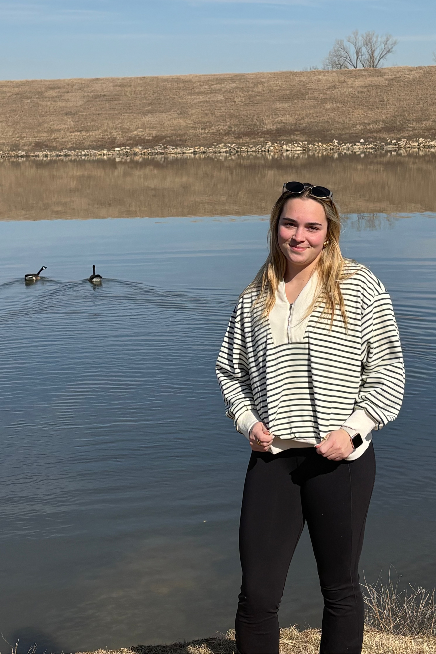 Ivory Green Spring V Stripe Top Half Zipper Pullover | Queen Bee Boutique