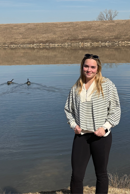 Ivory Green Spring V Stripe Top Half Zipper Pullover | Queen Bee Boutique