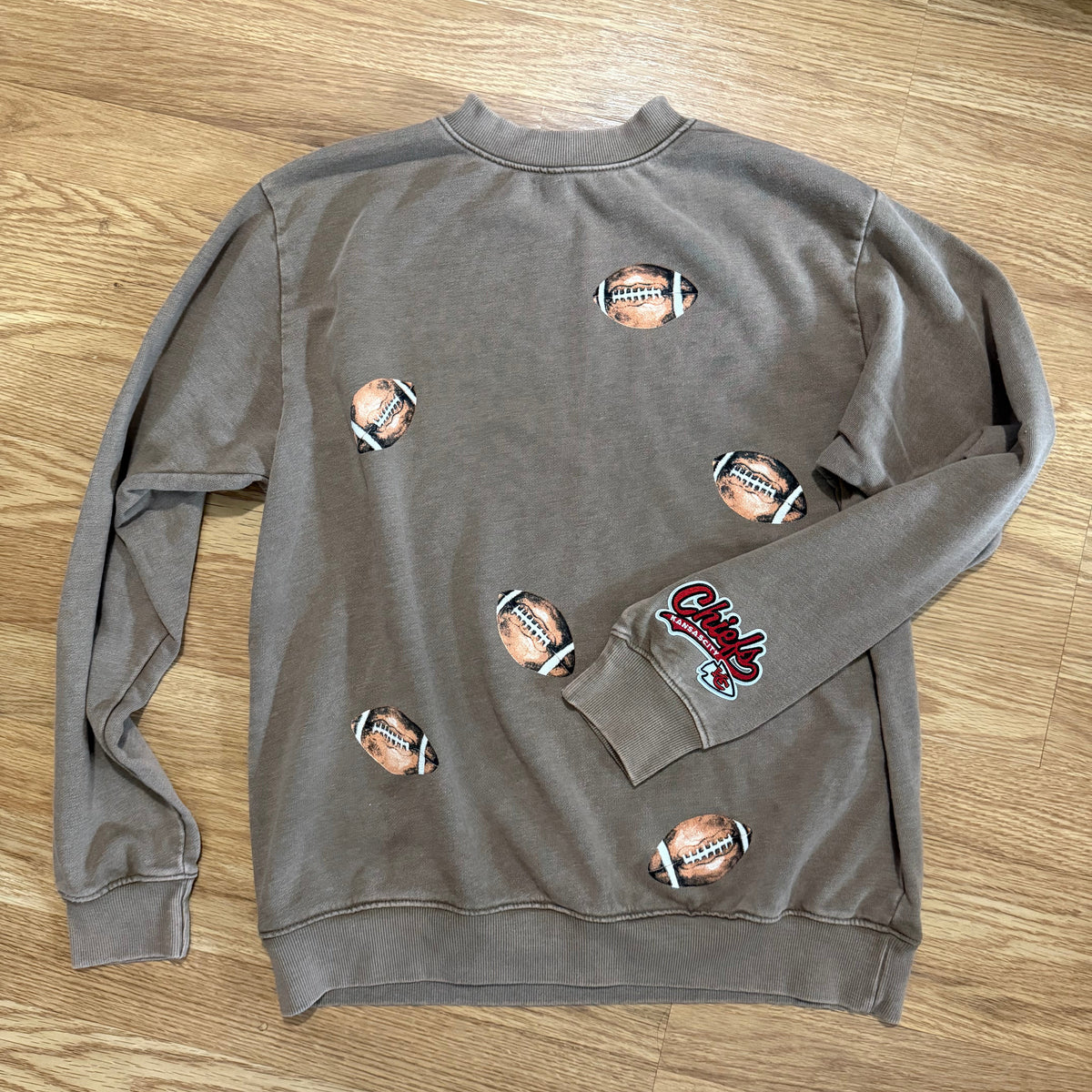 KC Chiefs Sleeve Patch Brown Football Mock Neck | Queen Bee