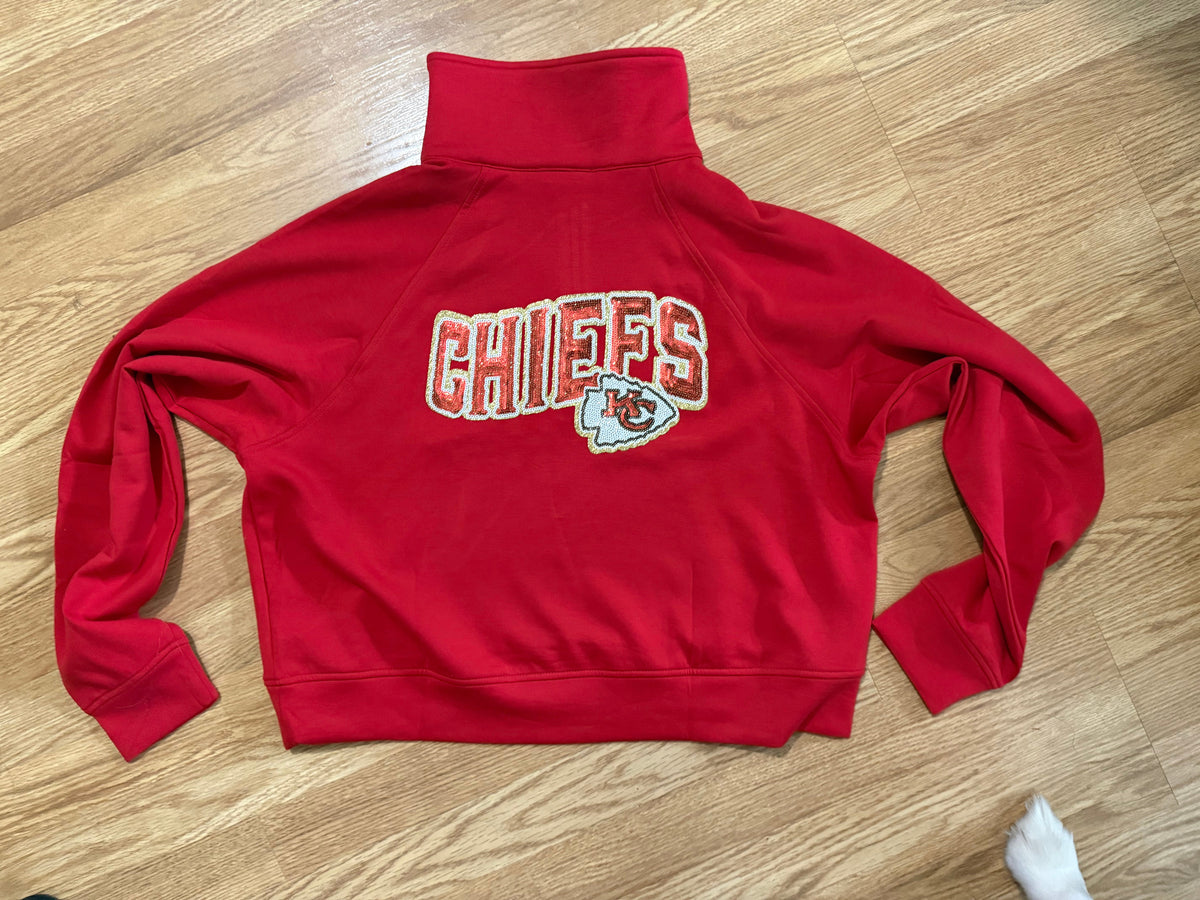 ArrowHead KC Chiefs Sequin Patch Red Half Zip | Queen Bee