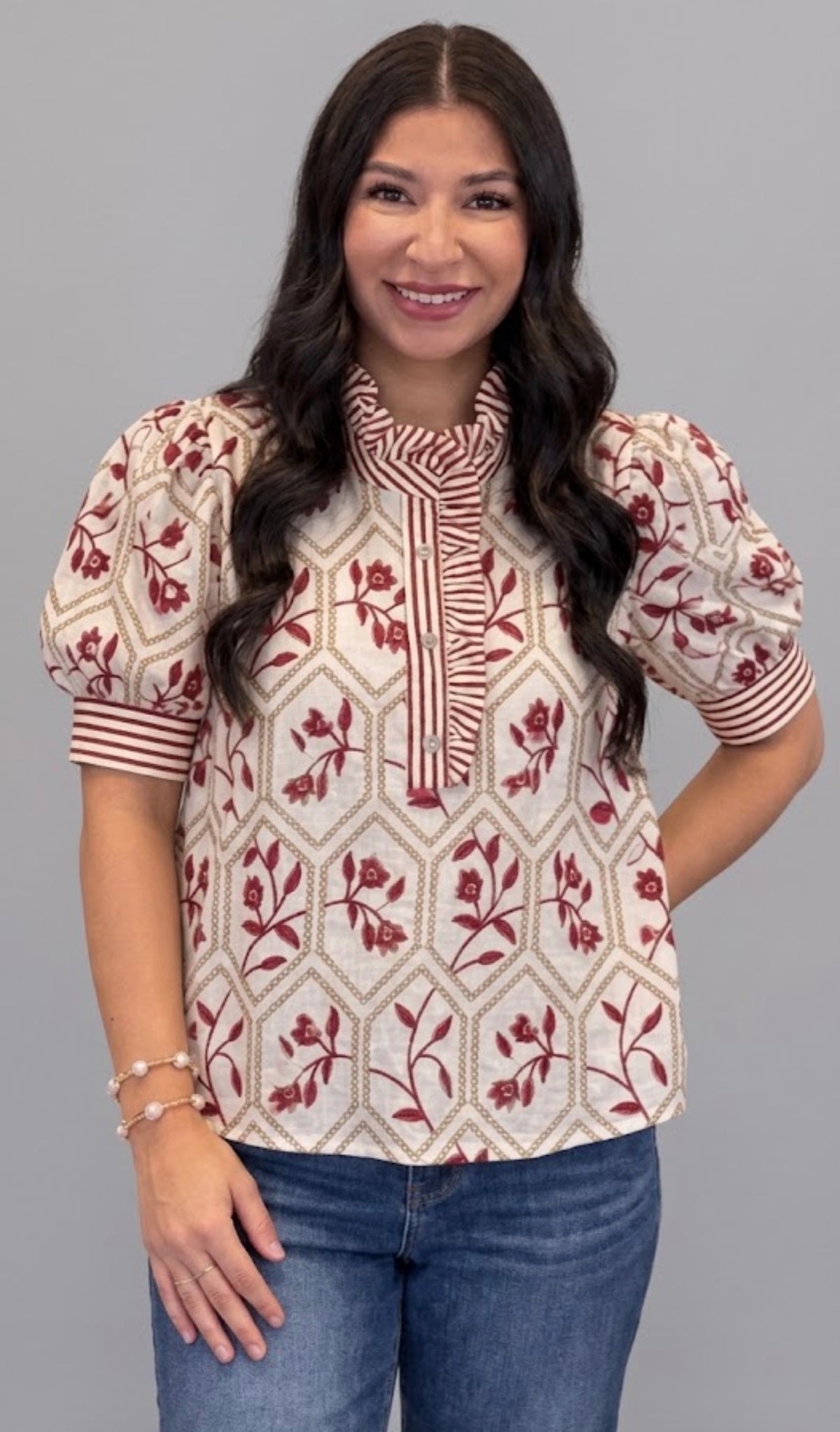 Wine Tan Embroidered Floral Blouse | Queen Bee Boutique