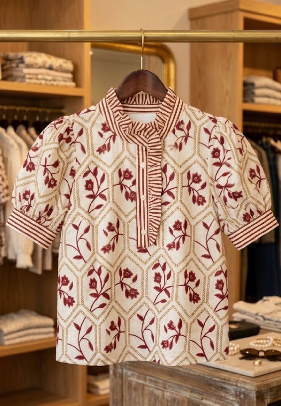 Wine Tan Embroidered Floral Blouse | Queen Bee Boutique