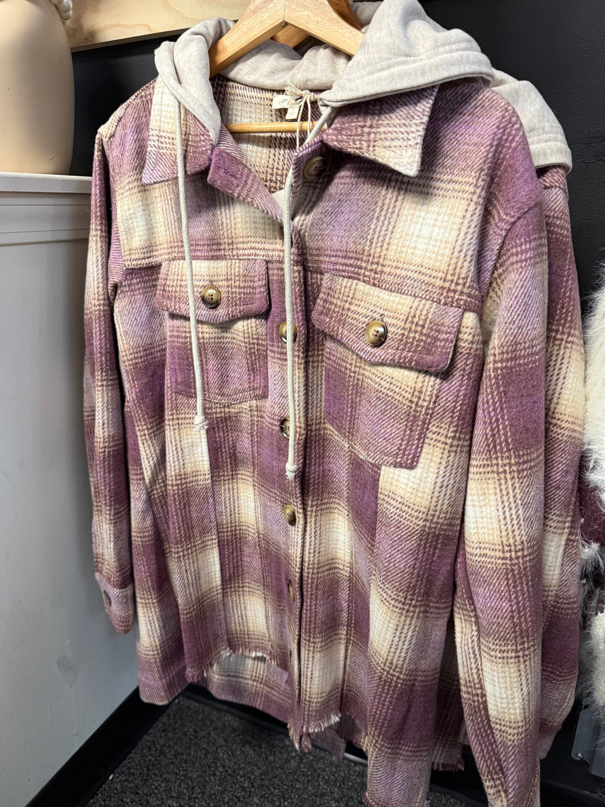 Mauve Plum Tan Cream Hooded Shacket | Queen Bee Boutique