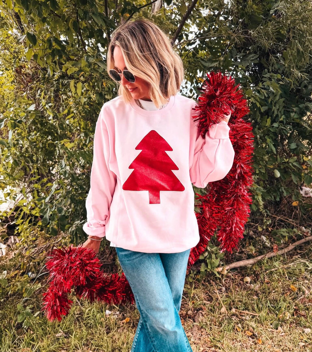 Red Glitter Tree On Pink Crew Holiday Party | Queen Bee Boutique