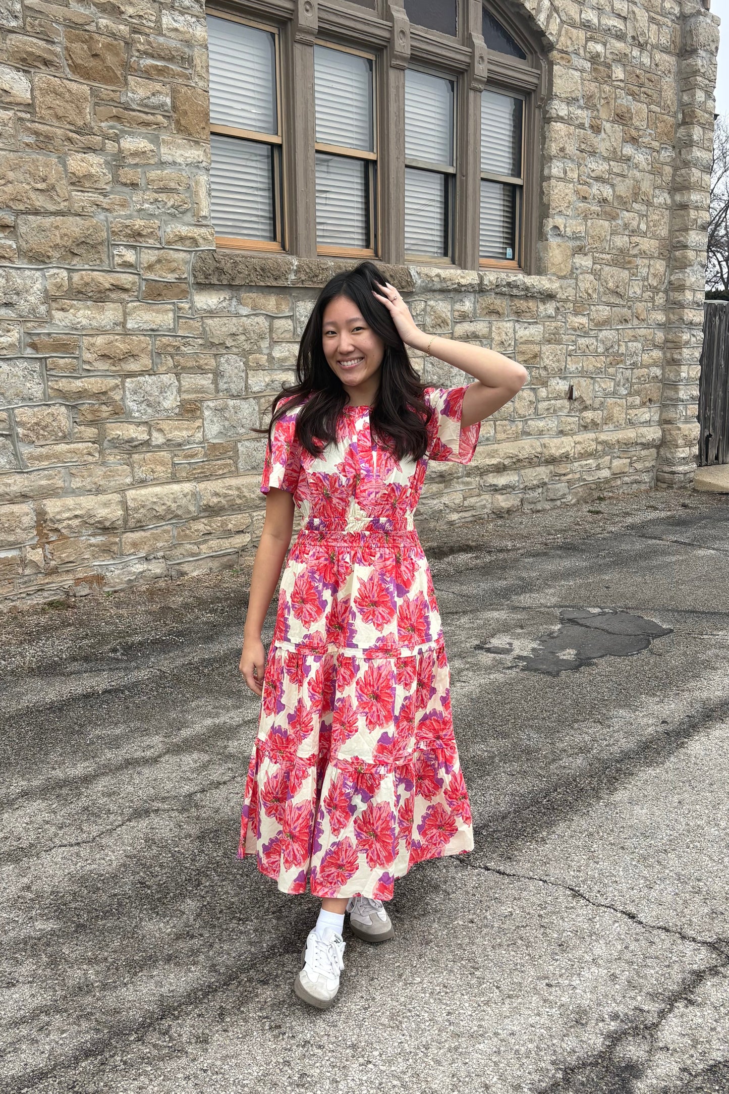 RED PURPLE FLORAL MIDI DRESS SPRING EASTER WEDDING | QUEEN BEE BOUTIQUE