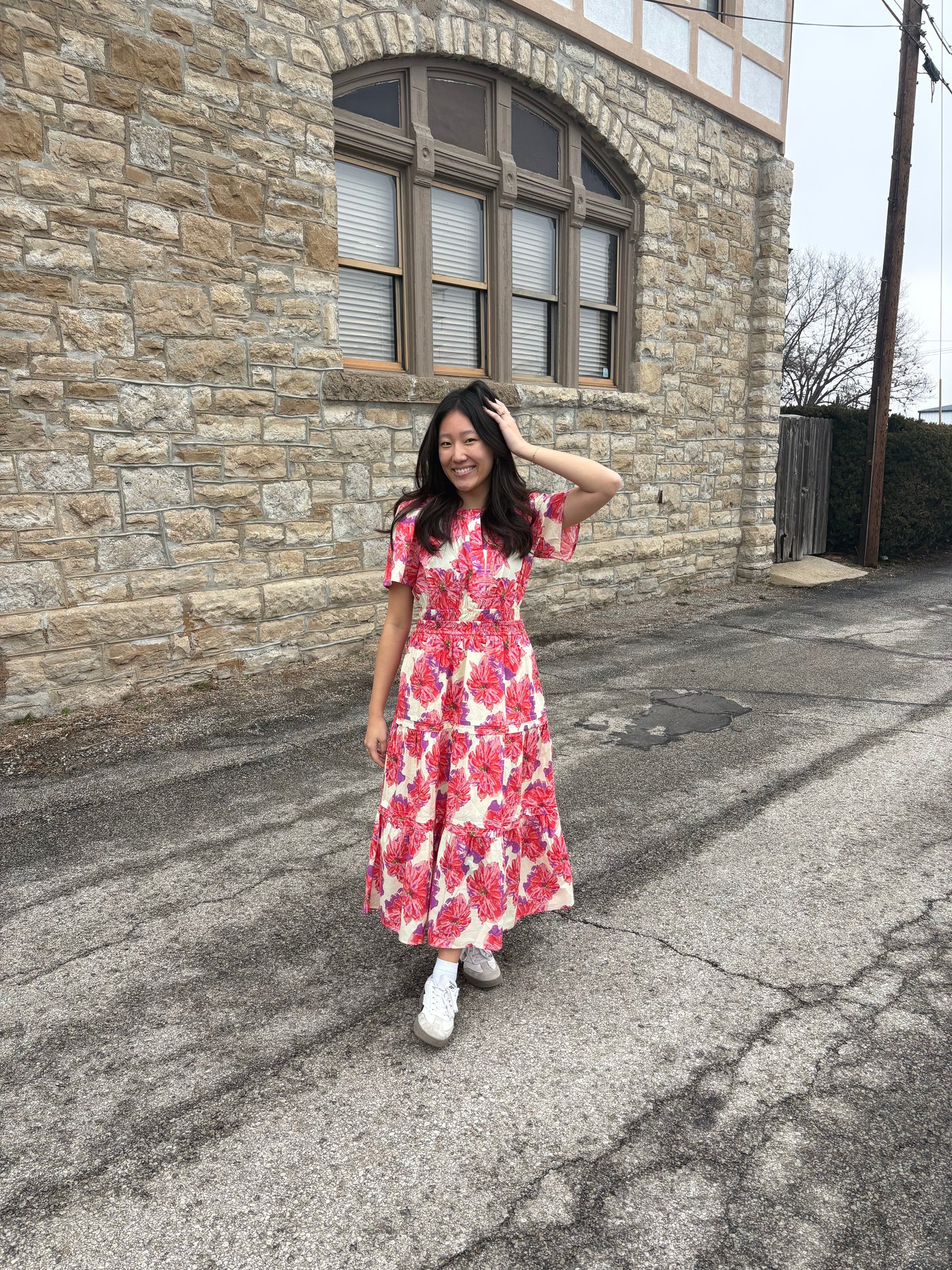 RED PURPLE FLORAL MIDI DRESS SPRING EASTER WEDDING | QUEEN BEE BOUTIQUE