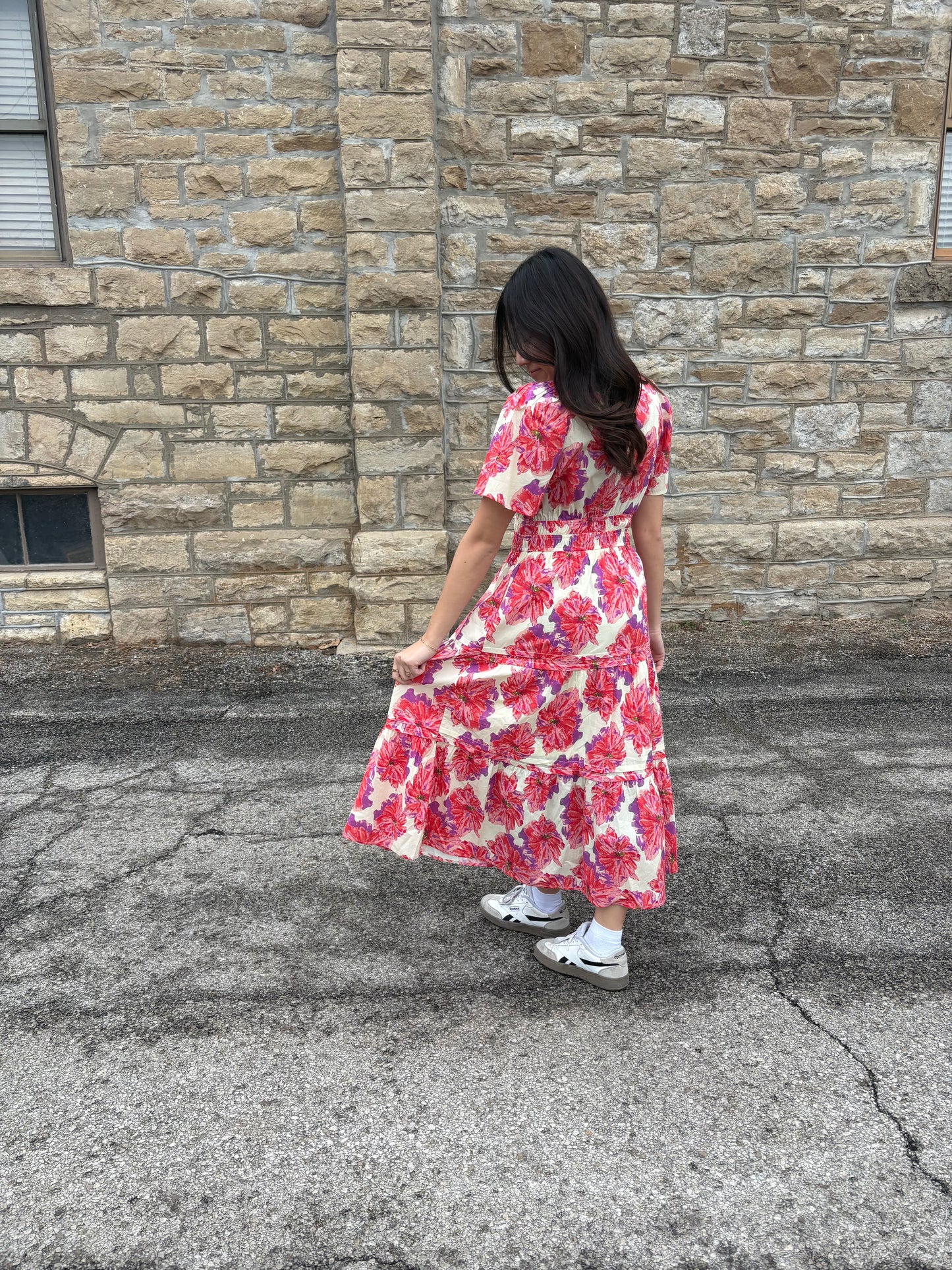 RED PURPLE FLORAL MIDI DRESS SPRING EASTER WEDDING | QUEEN BEE BOUTIQUE