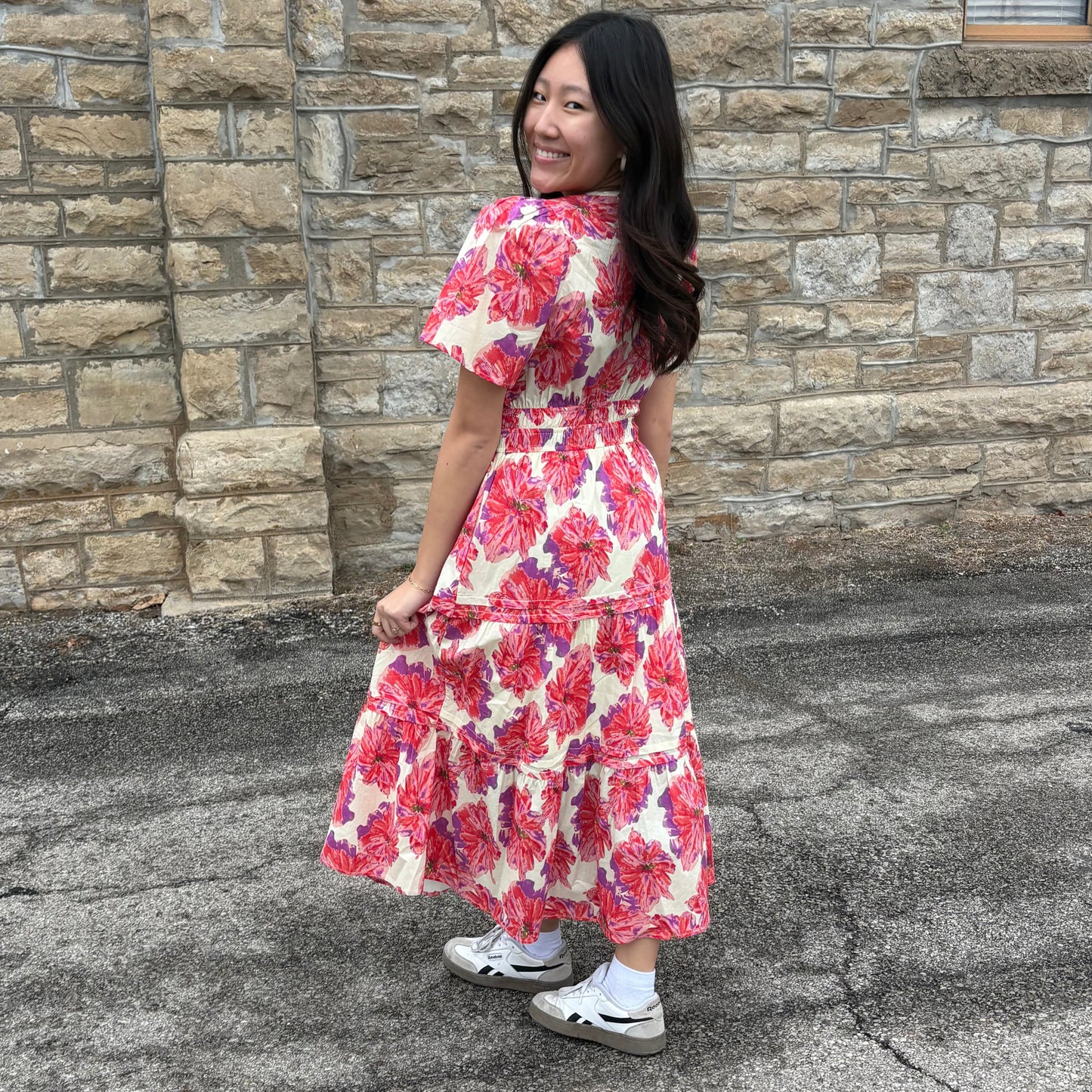 RED PURPLE FLORAL MIDI DRESS SPRING EASTER WEDDING | QUEEN BEE BOUTIQUE