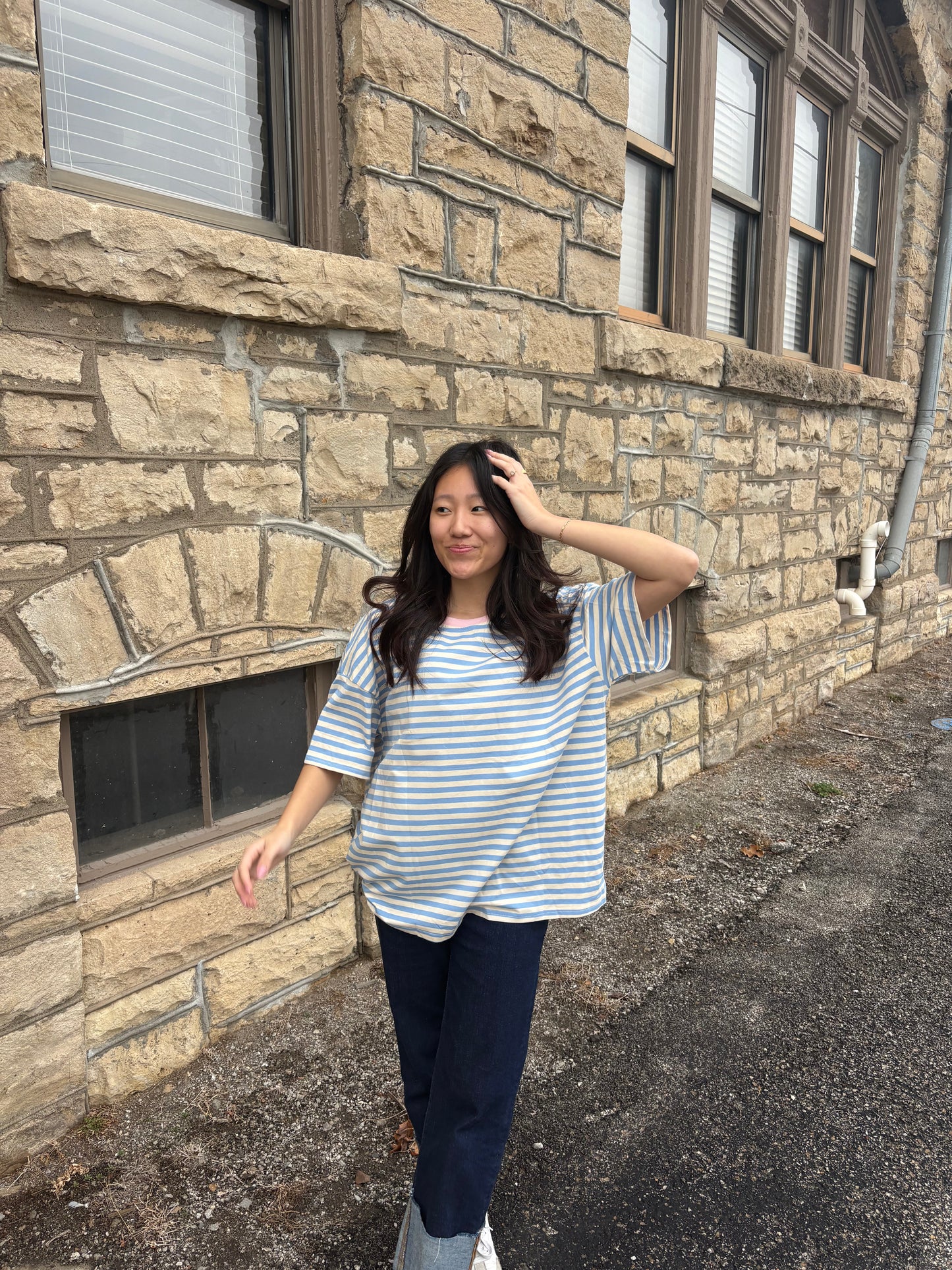 Stripe Contrast Crew Neck Drop Shoulder Loose Tee | Queen Bee Boutique