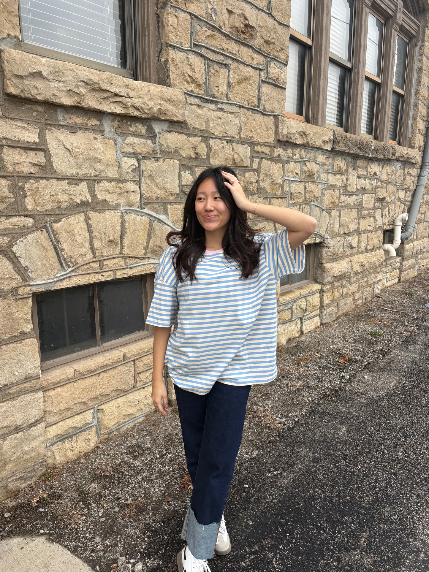 Stripe Contrast Crew Neck Drop Shoulder Loose Tee | Queen Bee Boutique