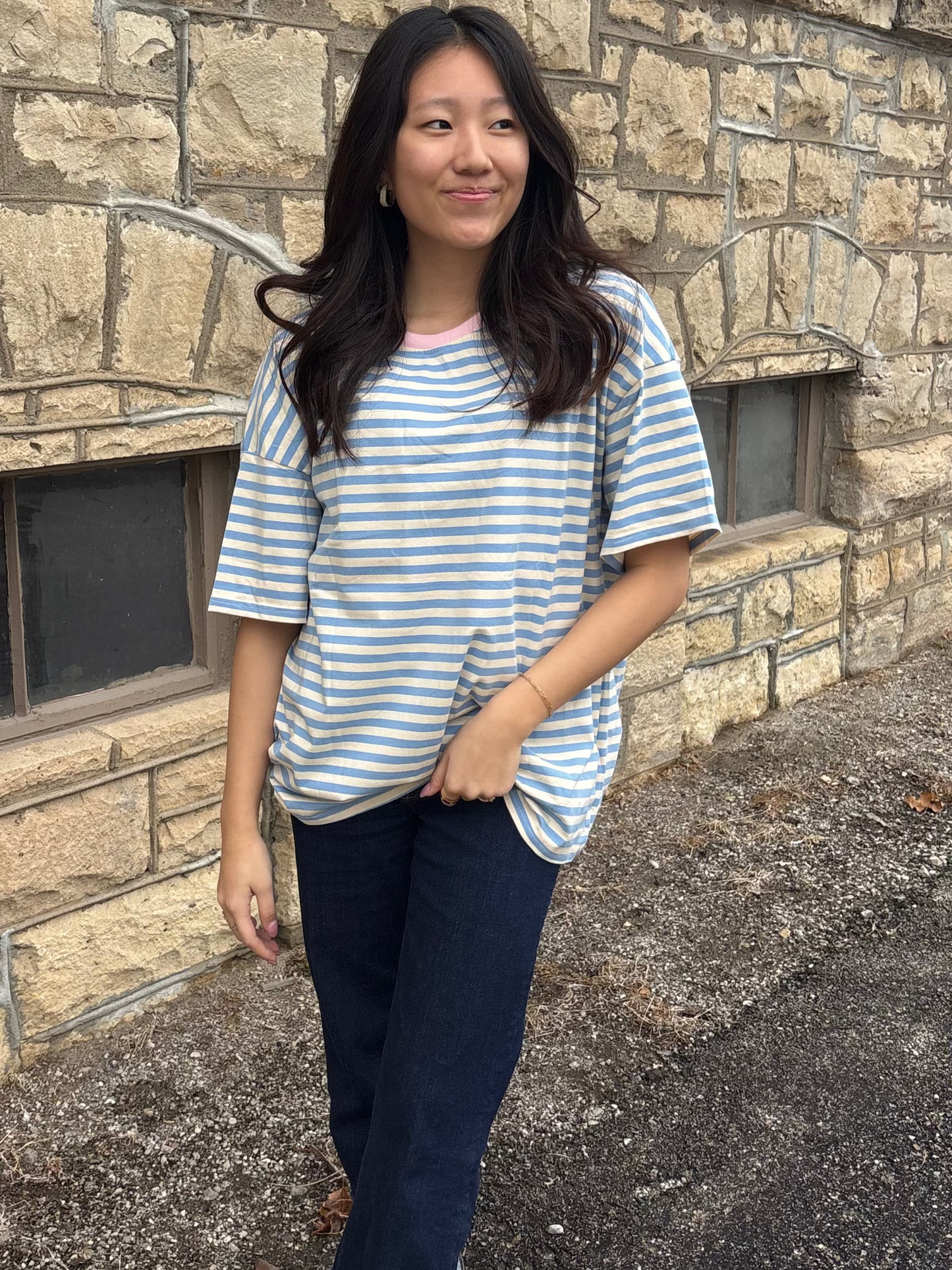 Stripe Contrast Crew Neck Drop Shoulder Loose Tee | Queen Bee Boutique