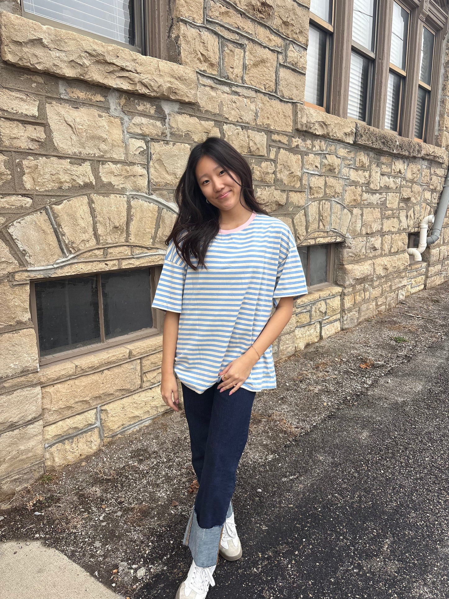 Stripe Contrast Crew Neck Drop Shoulder Loose Tee | Queen Bee Boutique