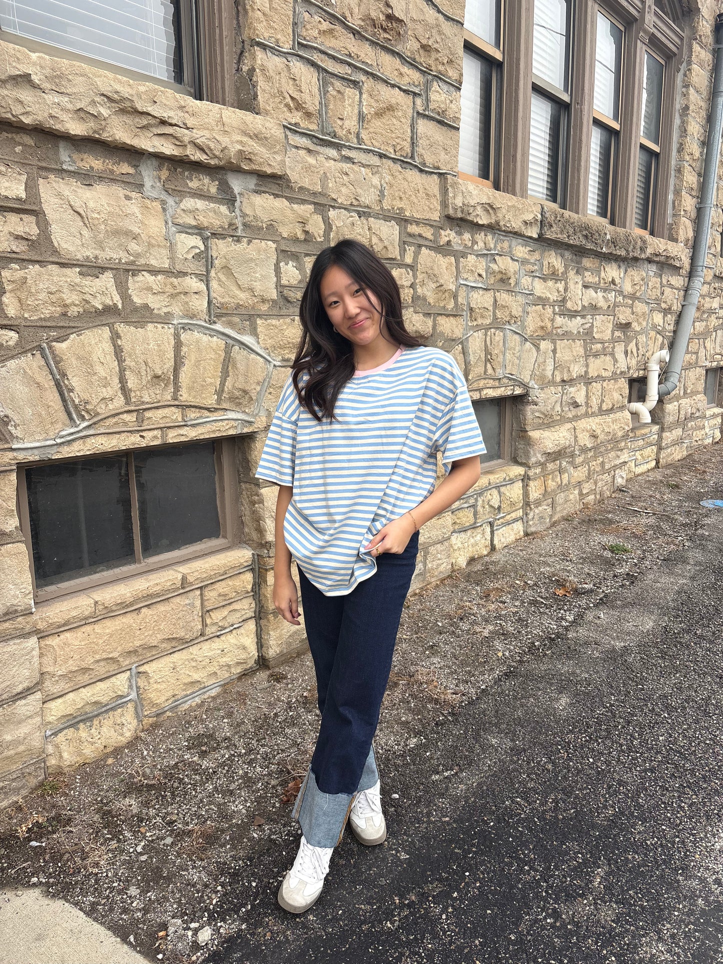 Stripe Contrast Crew Neck Drop Shoulder Loose Tee | Queen Bee Boutique