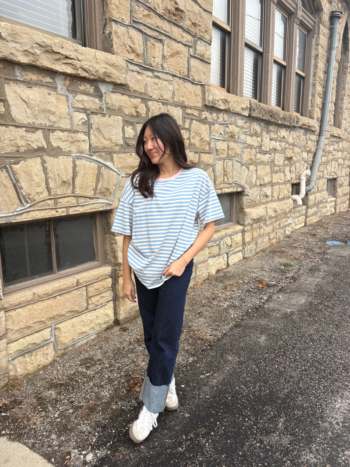 Stripe Contrast Crew Neck Drop Shoulder Loose Tee | Queen Bee Boutique