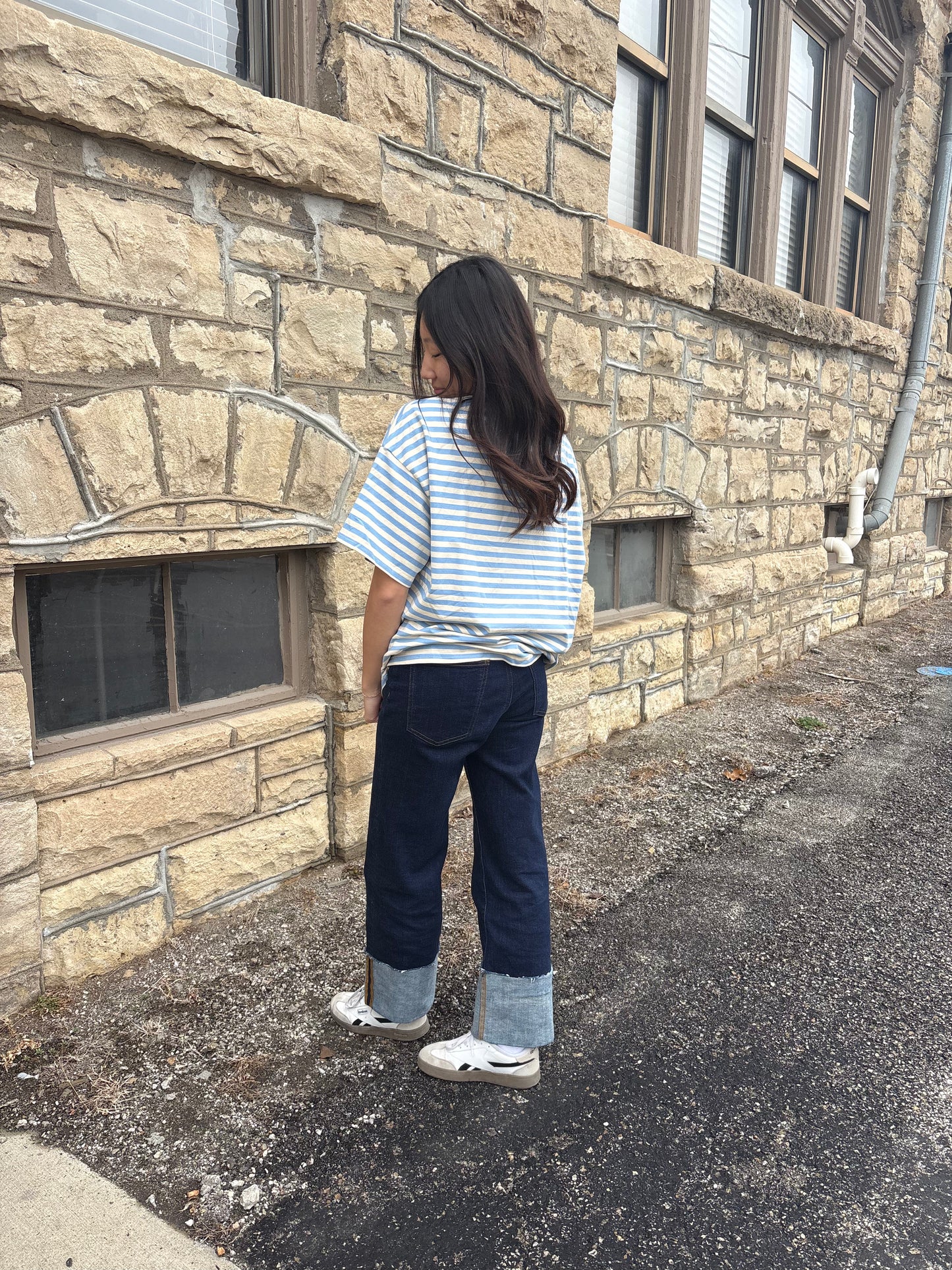 Stripe Contrast Crew Neck Drop Shoulder Loose Tee | Queen Bee Boutique