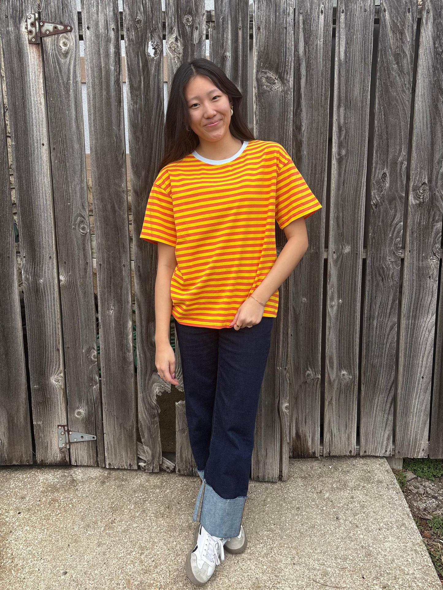 Stripe Contrast Crew Neck Drop Shoulder Loose Tee | Queen Bee Boutique