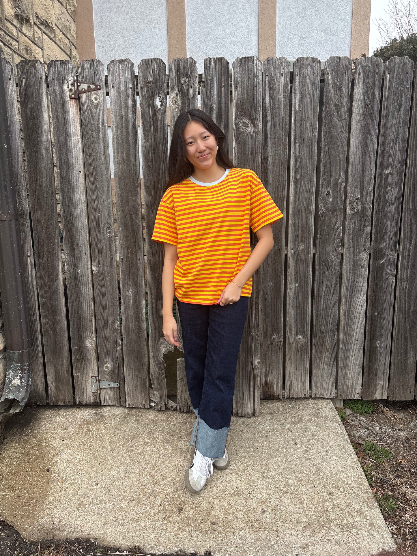 Stripe Contrast Crew Neck Drop Shoulder Loose Tee | Queen Bee Boutique