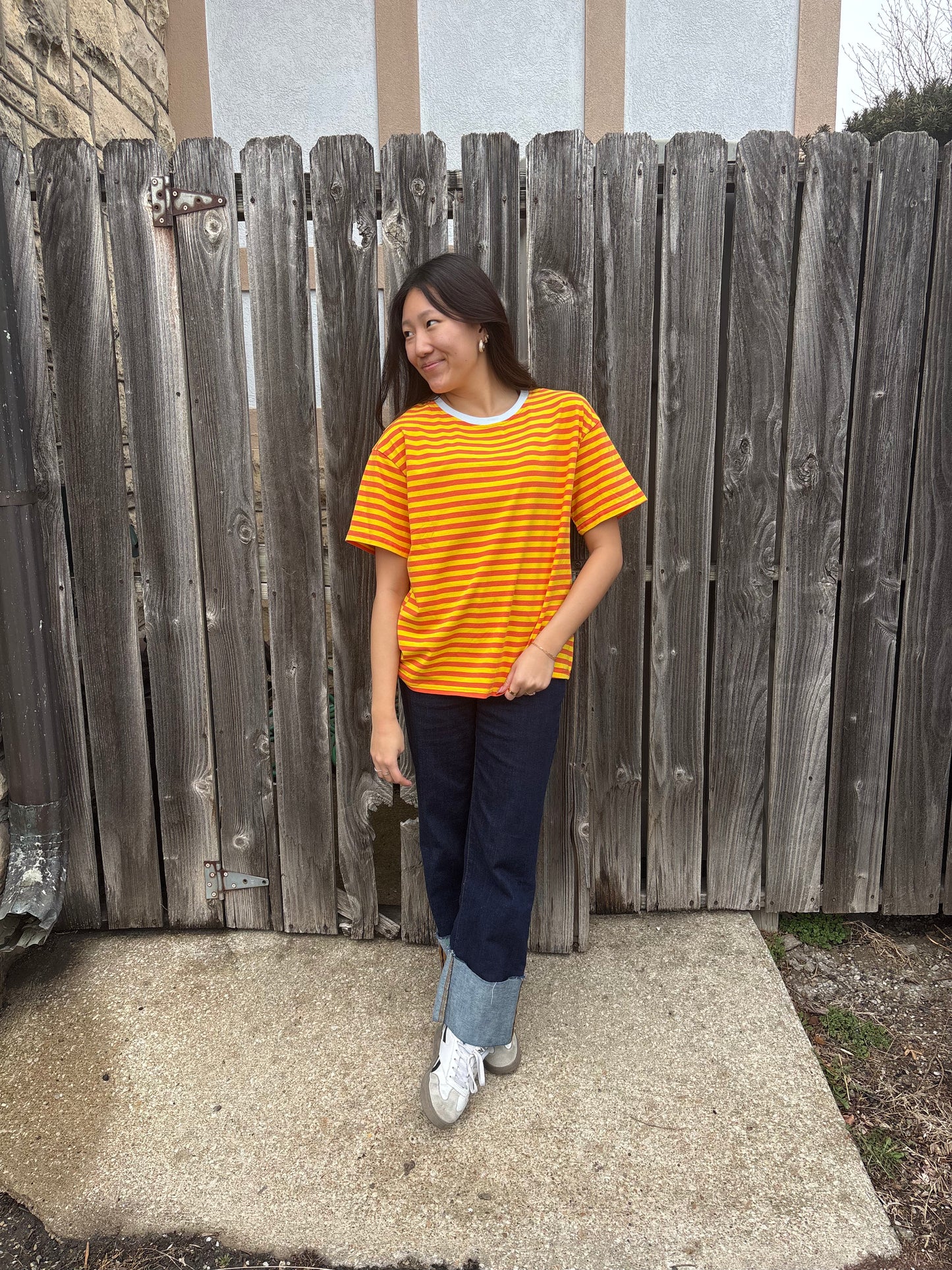 Stripe Contrast Crew Neck Drop Shoulder Loose Tee | Queen Bee Boutique