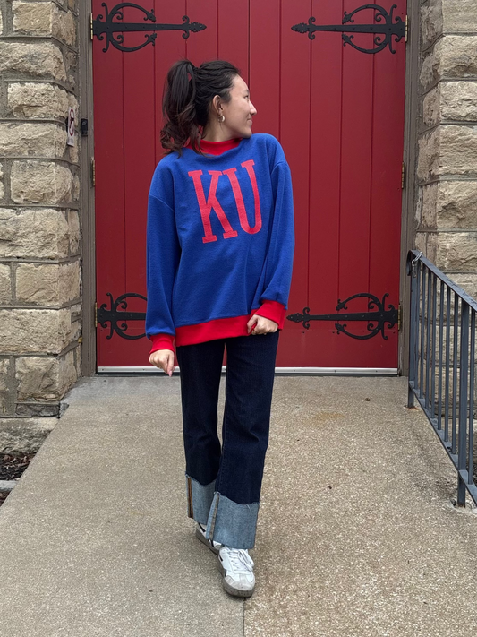 KU Reversible Mock Neck Sweatshirt - Jayhawks Royal Red Two-Way Gameday Crew