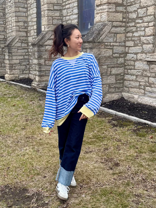Oversized Stripe French Terry Pullover Plus Size | Queen Bee Boutique
