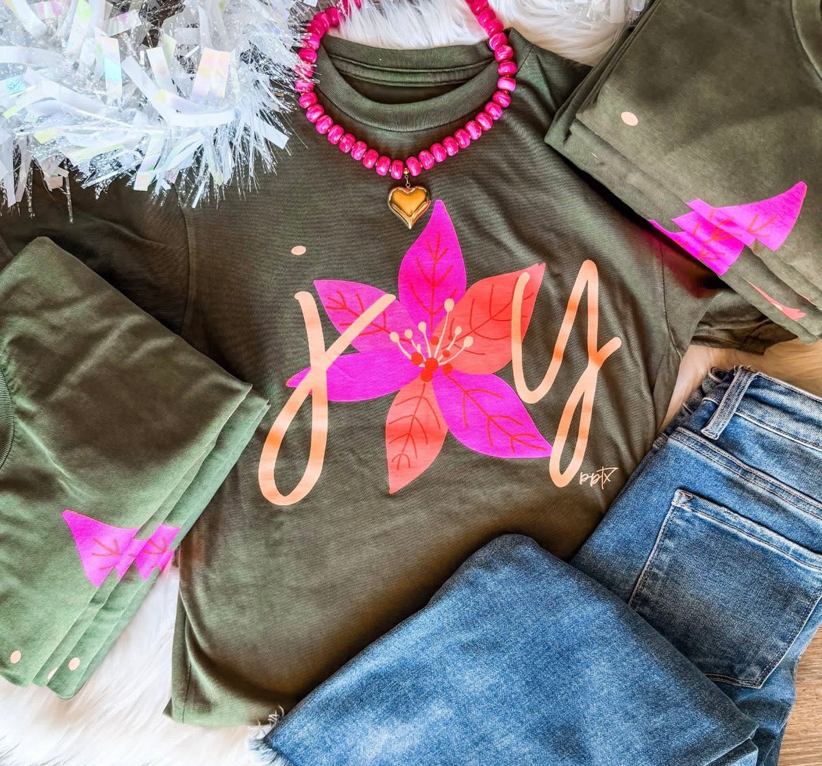 Joy Poinsettia Holiday Graphic Tee – Olive Green with Pink & Coral