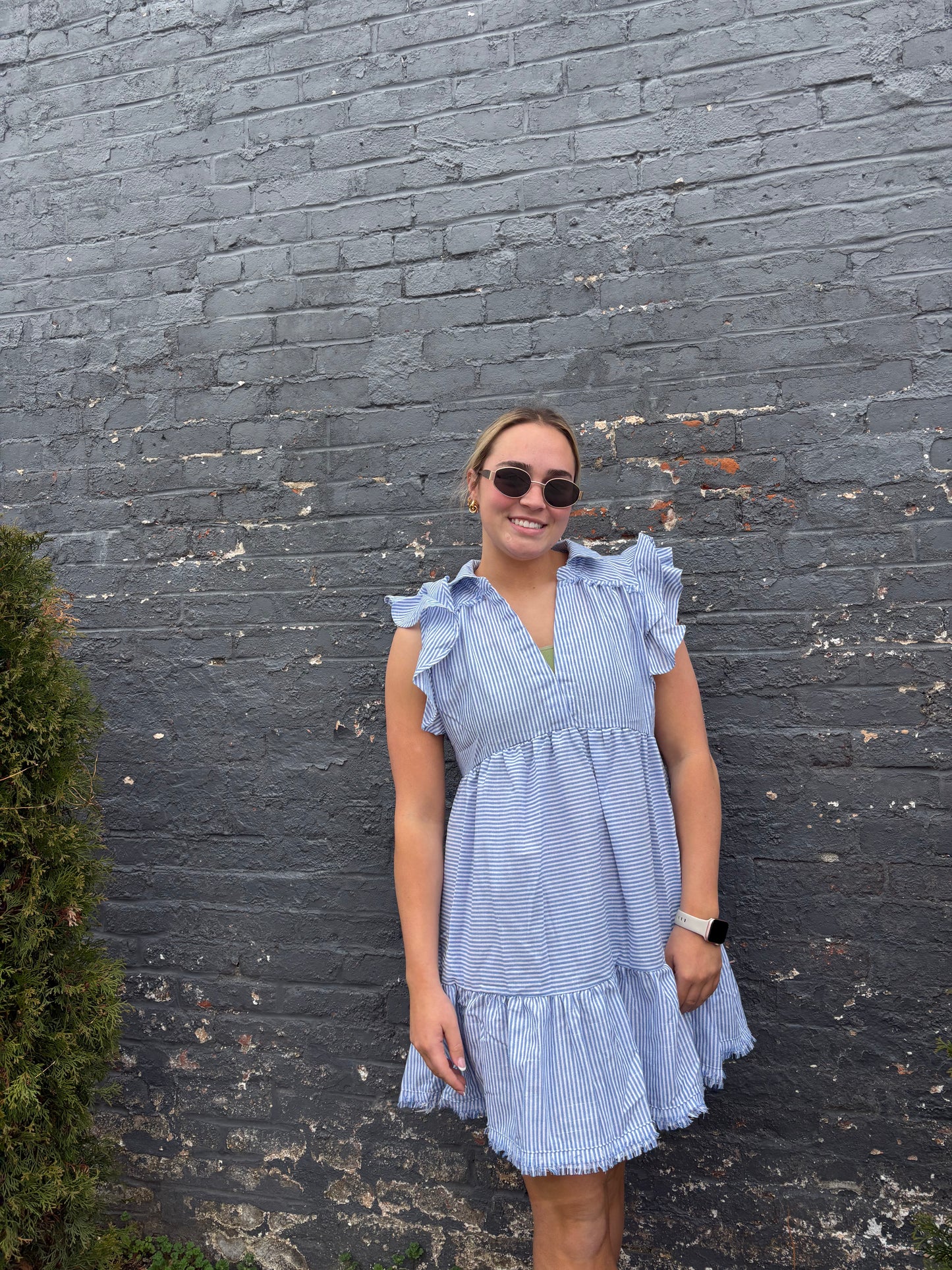 Striped Ruffle Sleeve Sun Dress Raw Hem | Queen Bee Boutique