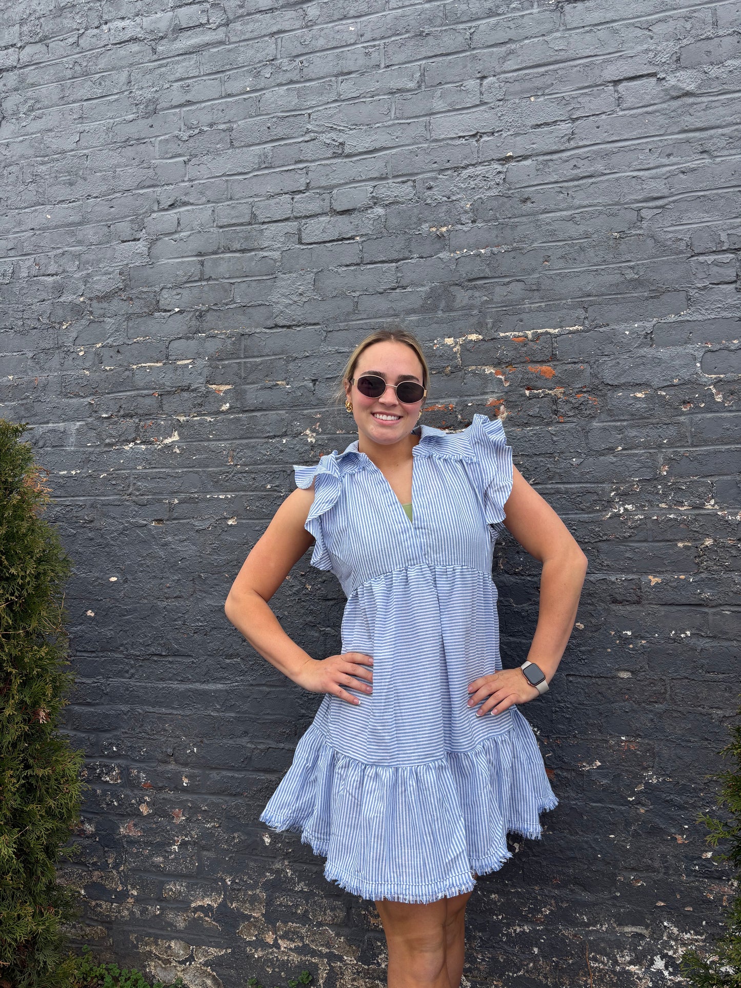 Striped Ruffle Sleeve Sun Dress Raw Hem | Queen Bee Boutique