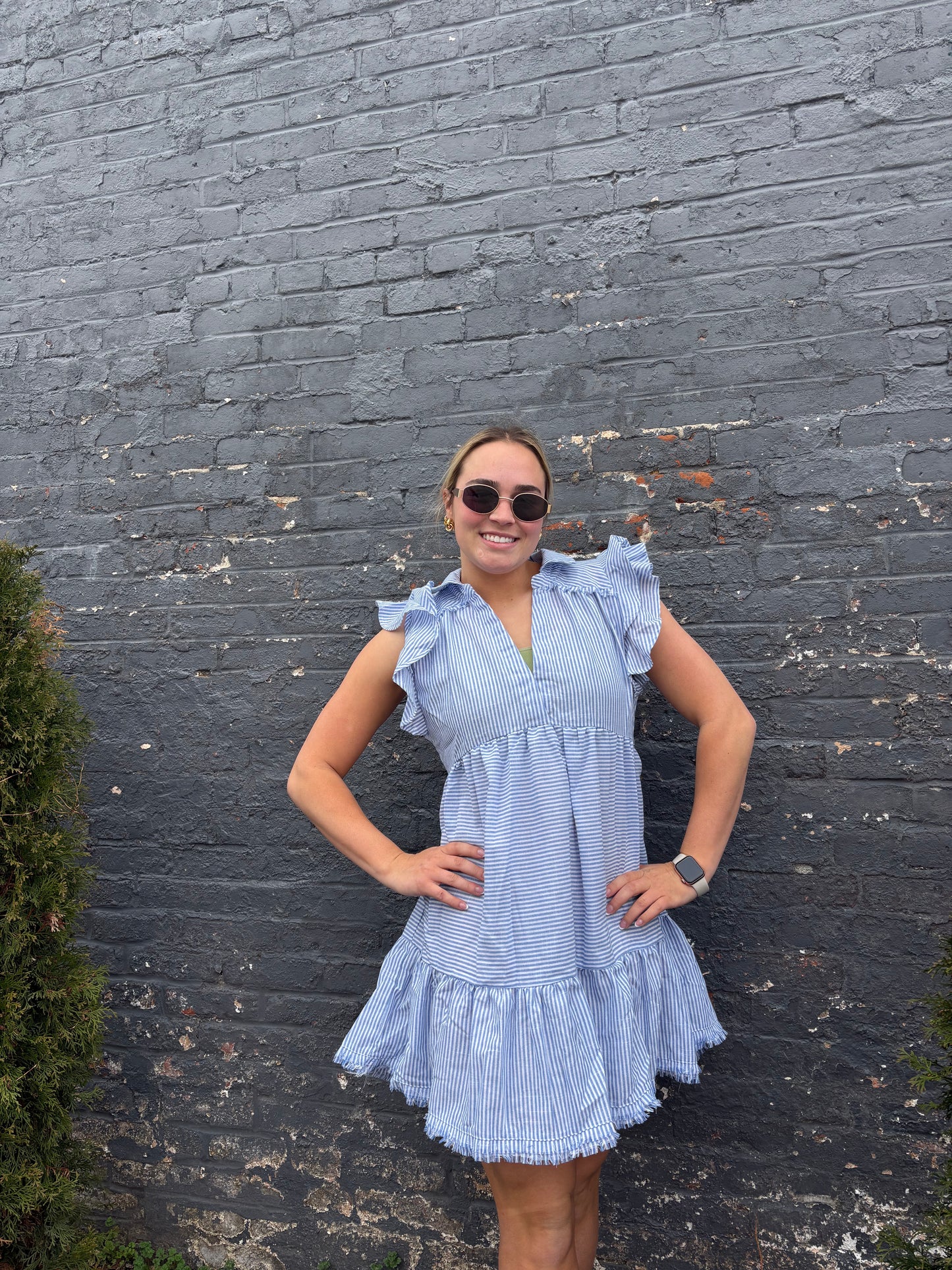 Striped Ruffle Sleeve Sun Dress Raw Hem | Queen Bee Boutique