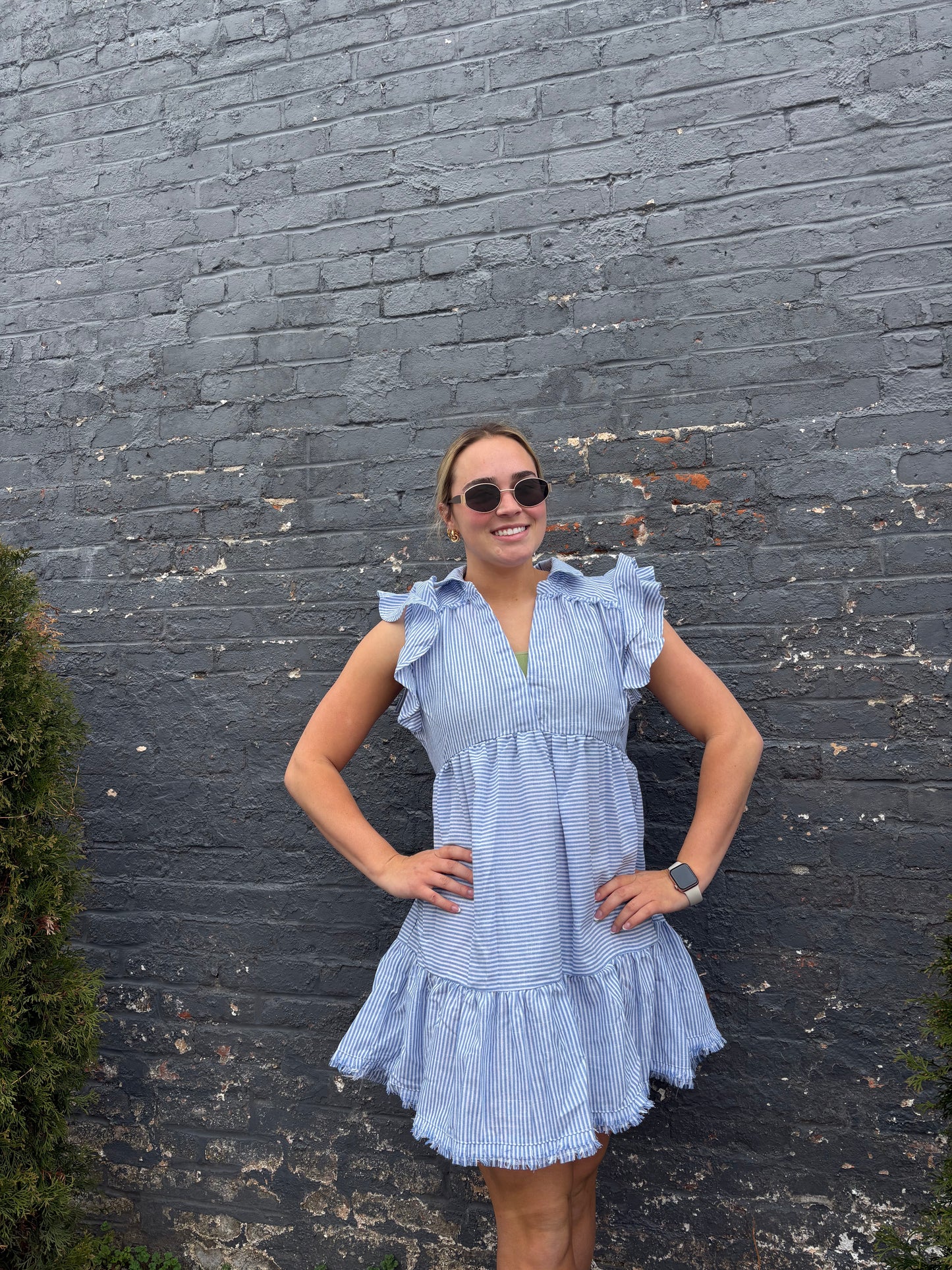 Striped Ruffle Sleeve Sun Dress Raw Hem | Queen Bee Boutique