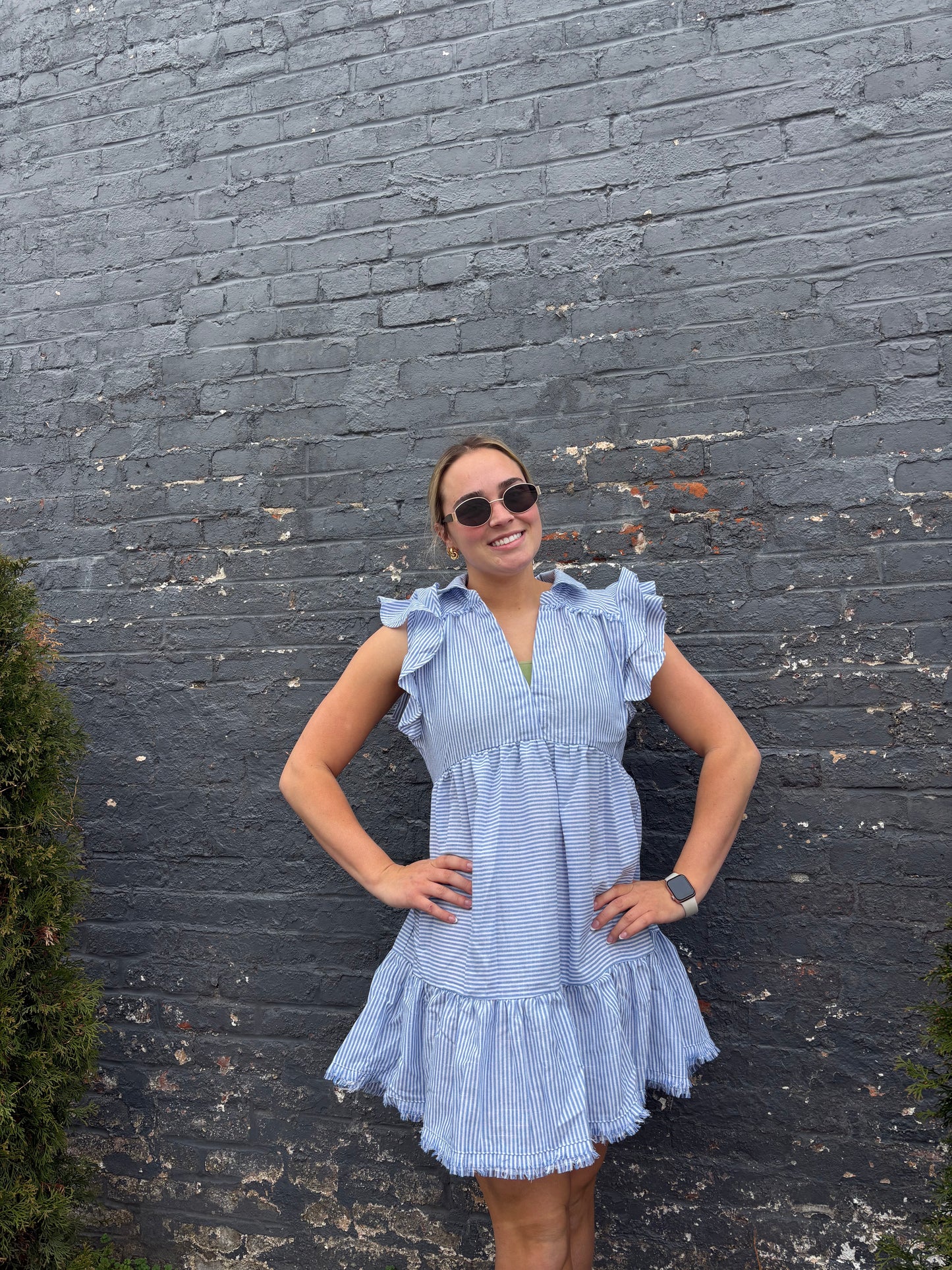Striped Ruffle Sleeve Sun Dress Raw Hem | Queen Bee Boutique
