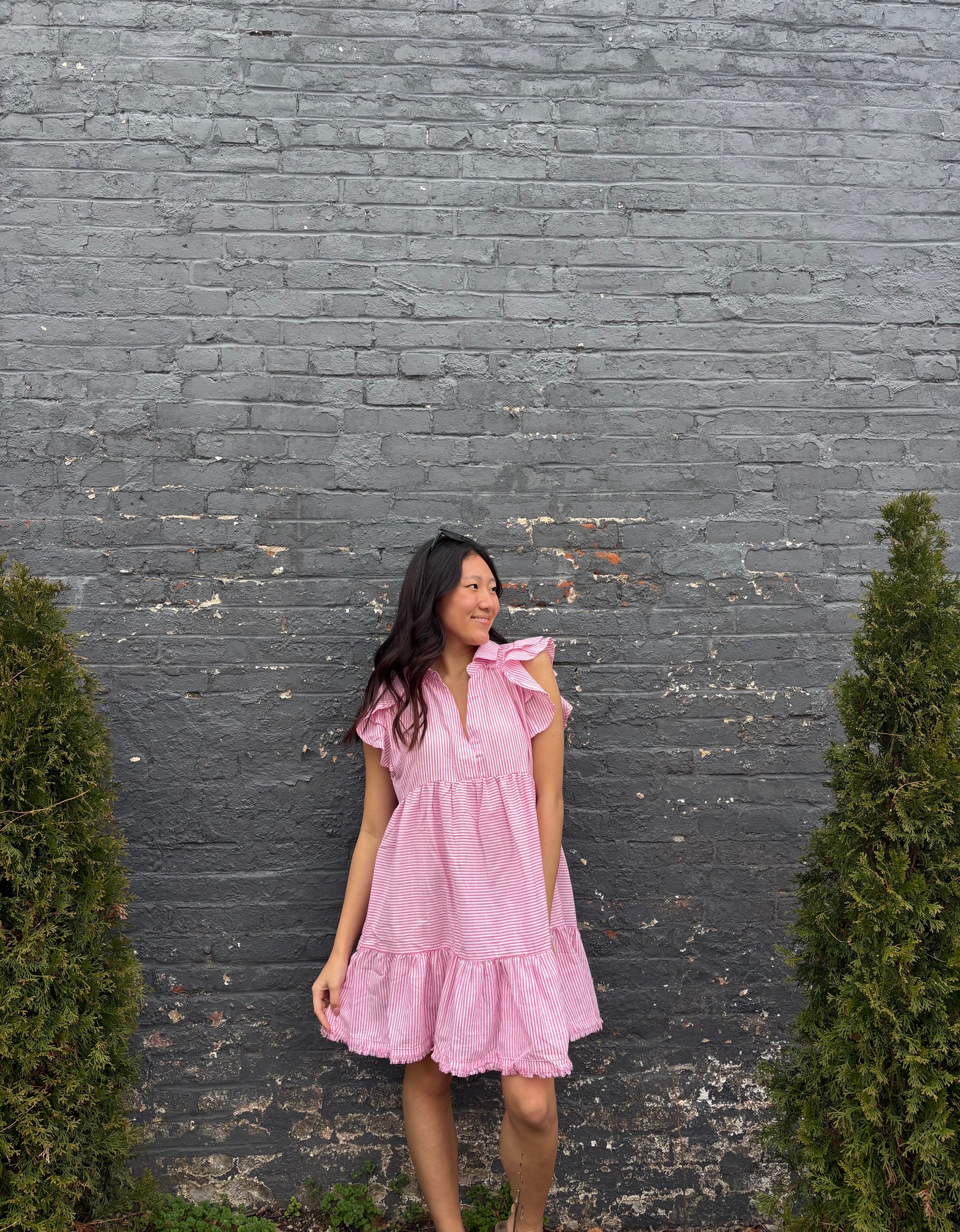 Striped Ruffle Sleeve Sun Dress Raw Hem | Queen Bee Boutique