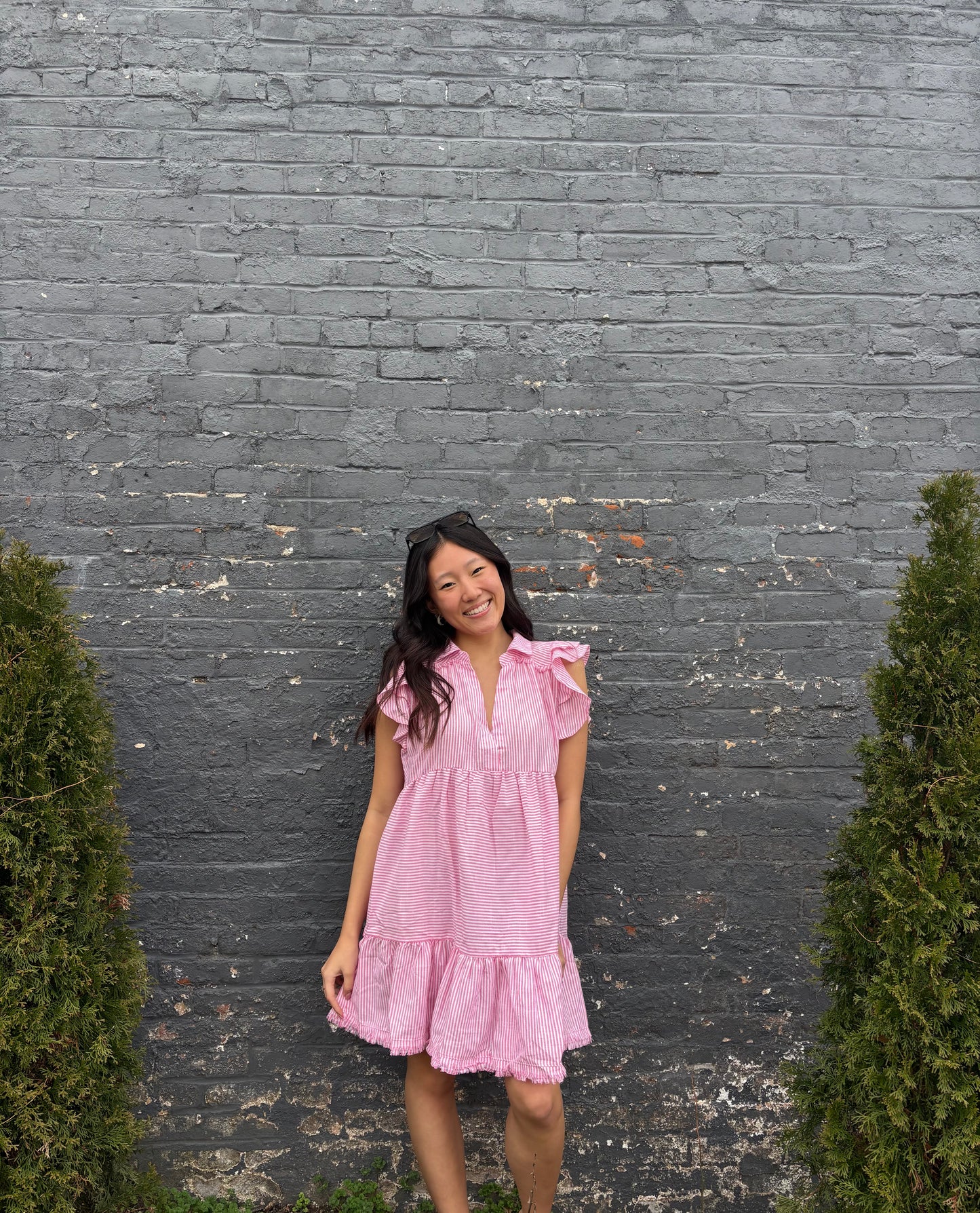 Striped Ruffle Sleeve Sun Dress Raw Hem | Queen Bee Boutique