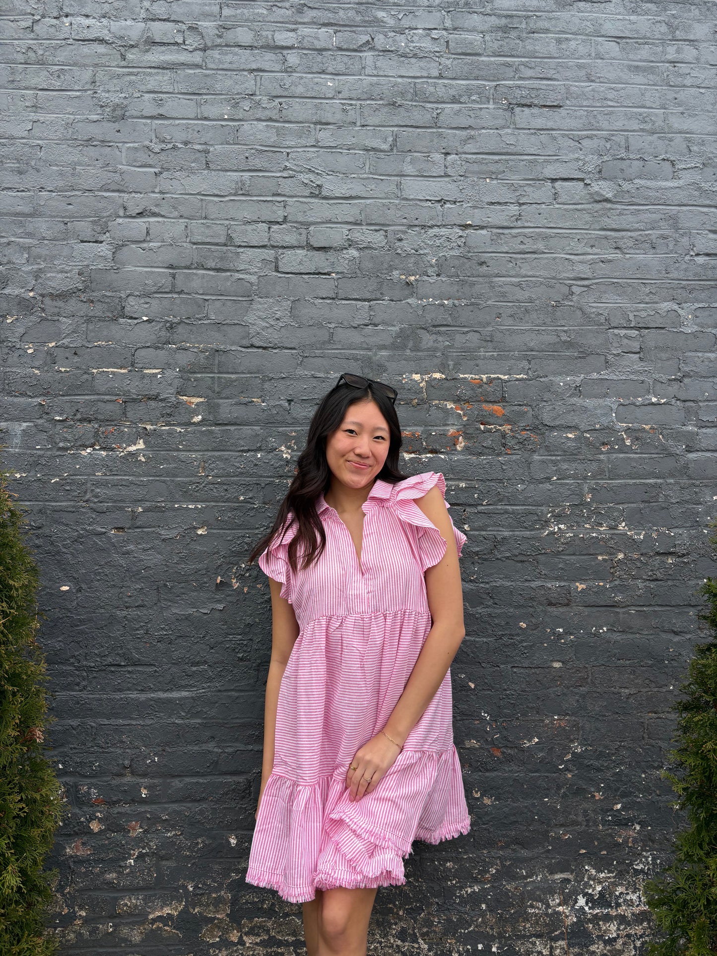Striped Ruffle Sleeve Sun Dress Raw Hem | Queen Bee Boutique